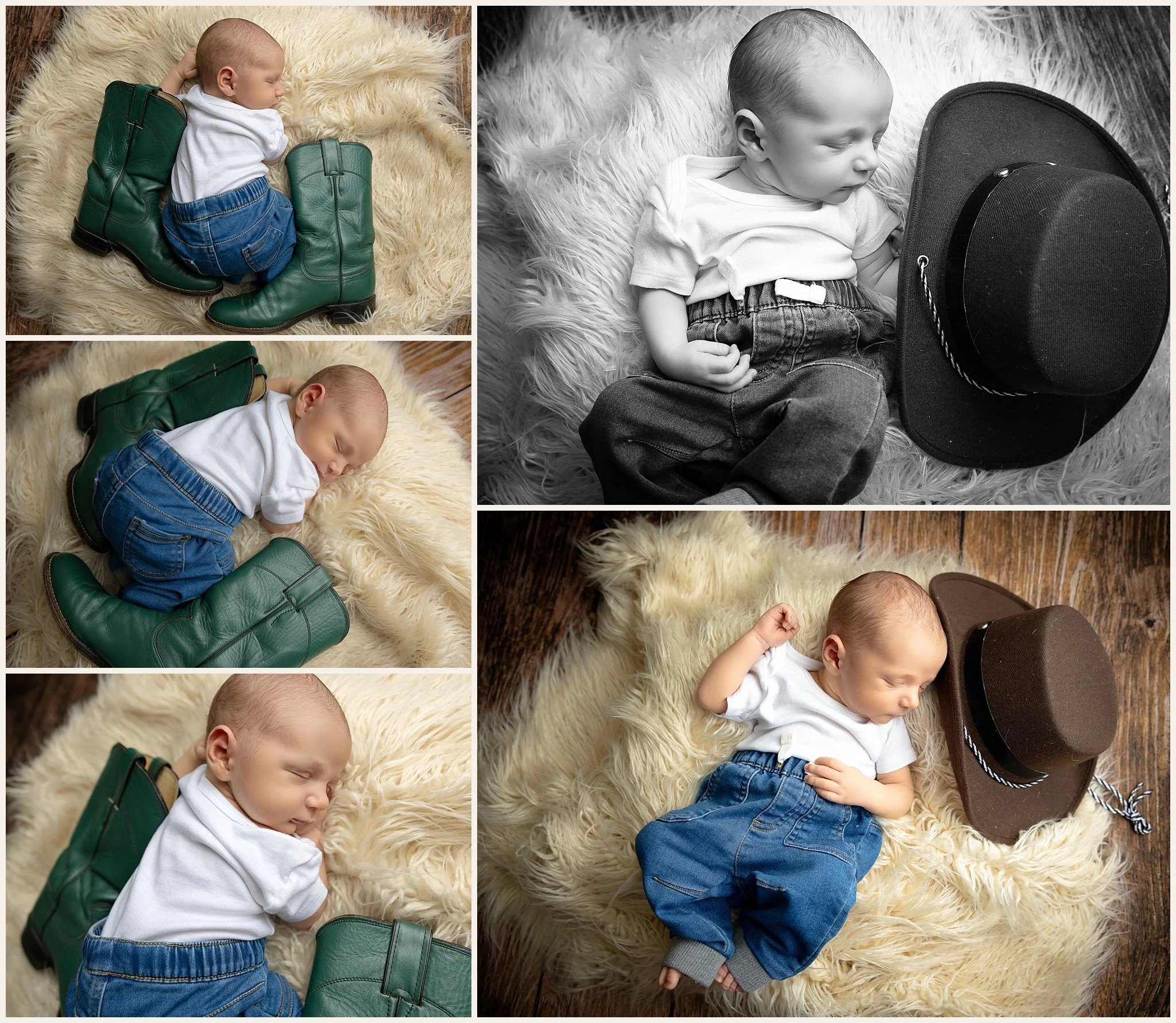 Collage of Brekken wearing blue jeans and a white onesie beside his great-grandmother's green cowboy boots, with additional newborn cowboy portraits featuring a dark cowboy hat on cream-colored fur.
