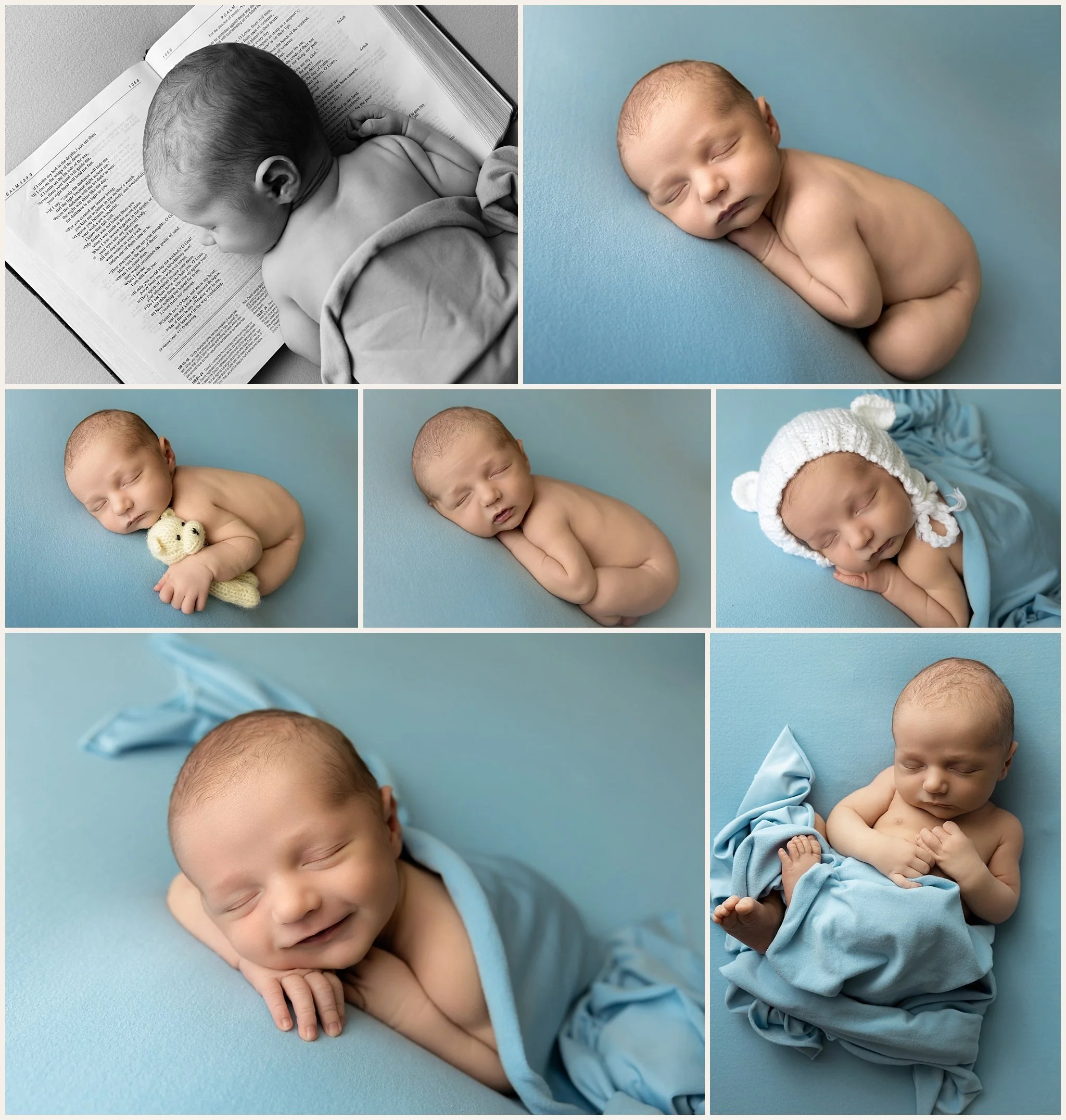 Collage of Brekken resting on an open Bible in a black-and-white newborn portrait, along with unwrapped poses on a light blue background, a small teddy bear, a white knit hat, and a close-up of his sleeping smile.