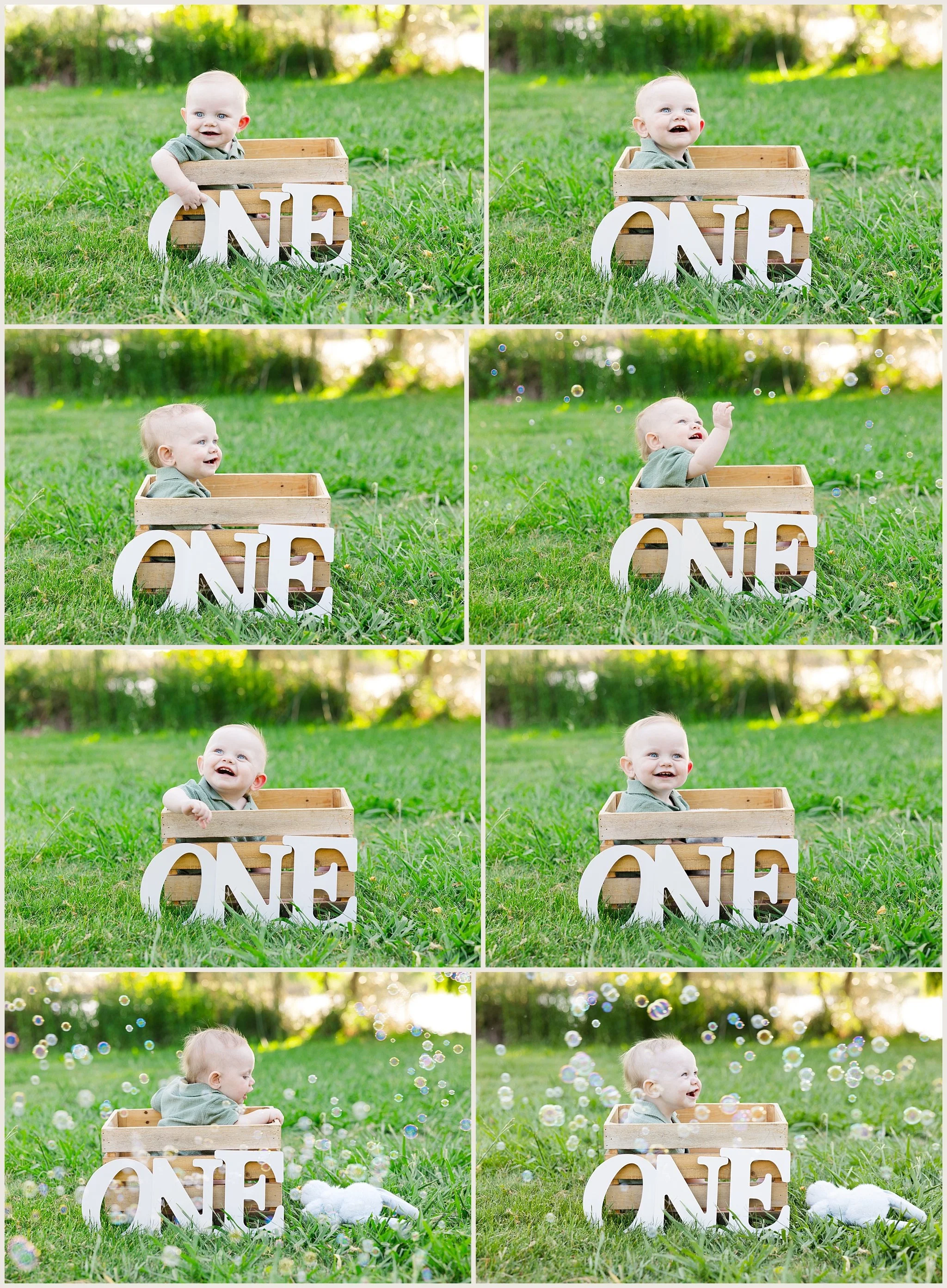 Jackson James Taylor-Smith smiling while bubbles float around him during his one-year milestone session at Camden Lake Park