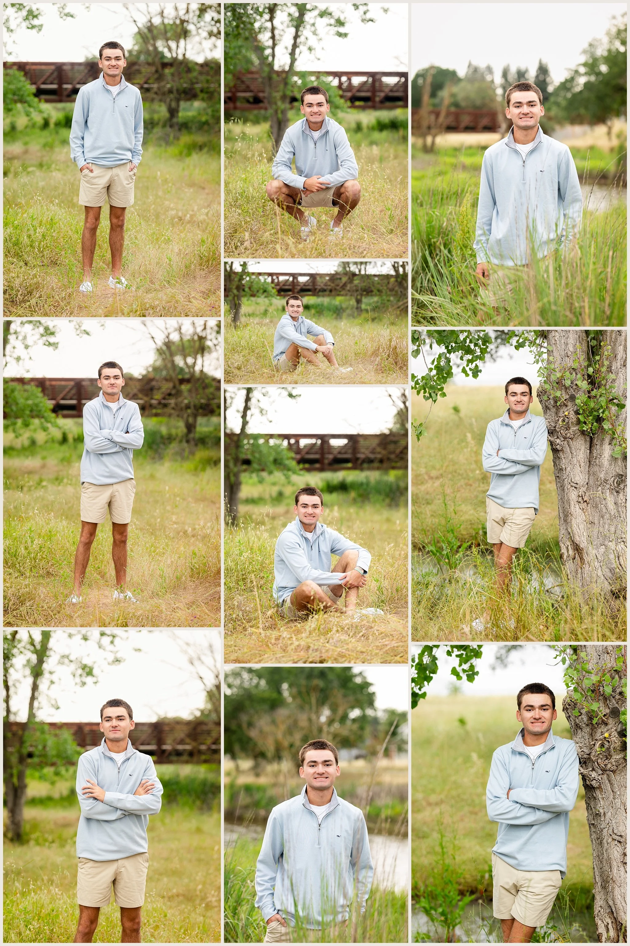 Senior photos of Max Wolf standing in tall grass at Jack Hill Park Elk Grove CA