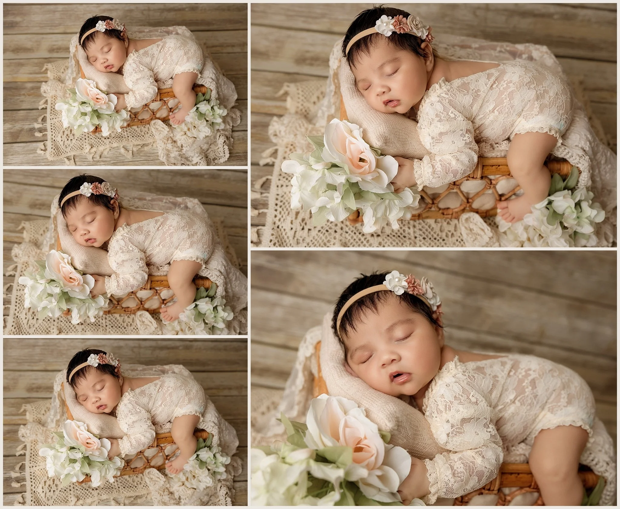 Baby Hazel Love Chavez wearing an ivory lace outfit while resting on a vintage bed with soft textures and floral accents during her Elk Grove newborn session.