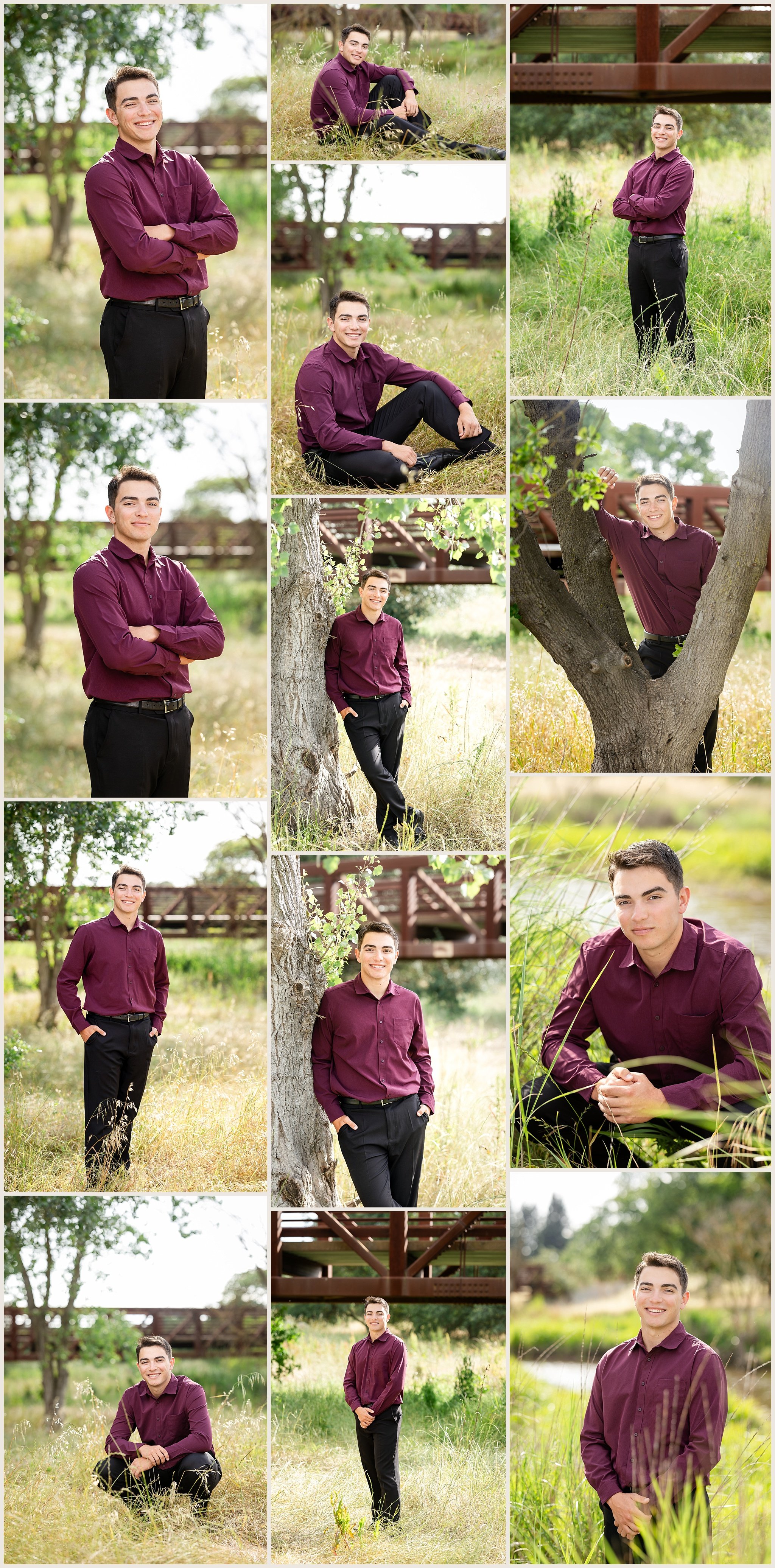 Senior portrait of Joey DeMarco in burgundy shirt at Jack Hill Park Elk Grove