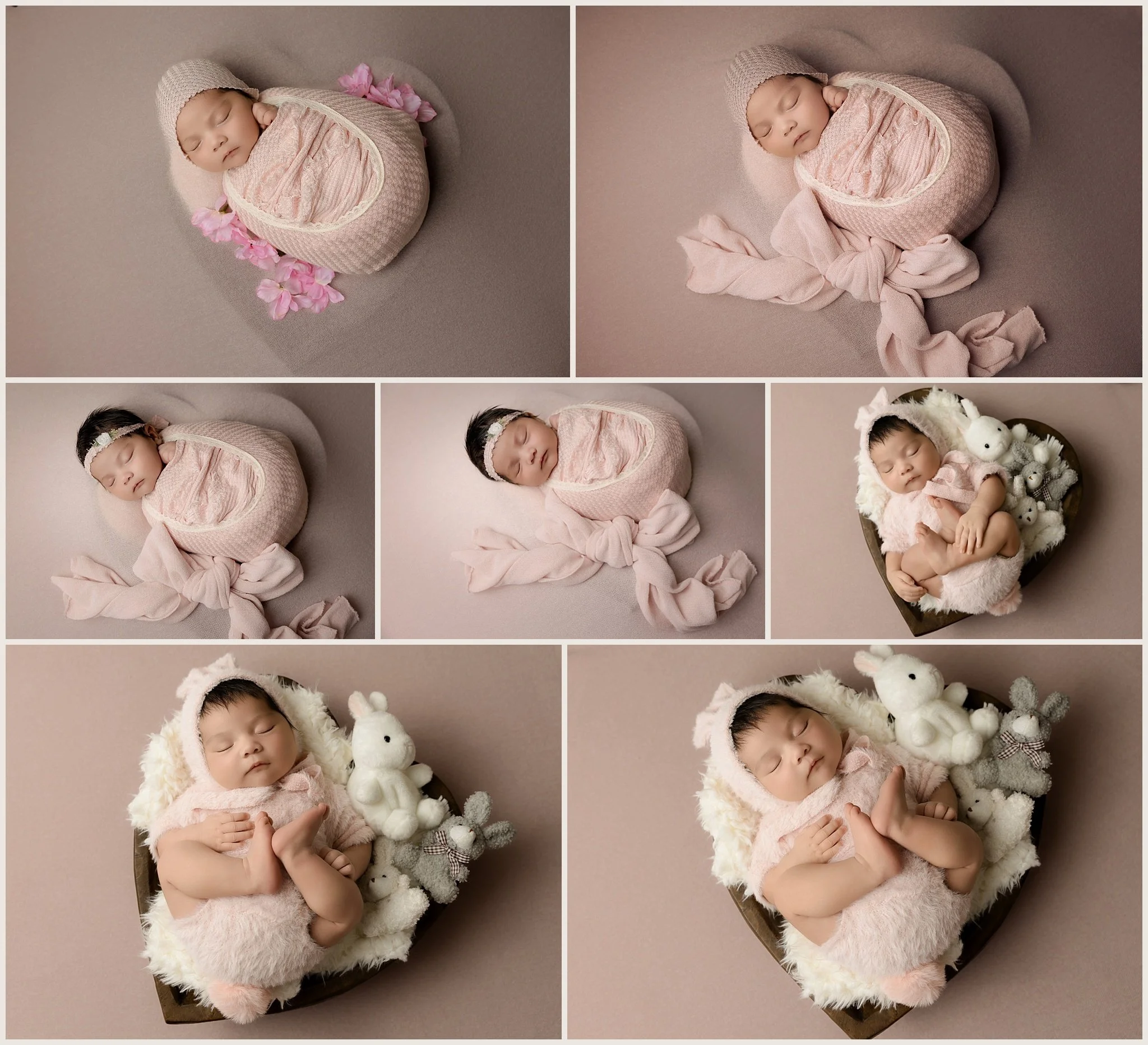 Baby Hazel Love Chavez photographed in a pink heart setup with floral accents before changing into an adorable pink bunny outfit during her Elk Grove newborn session.