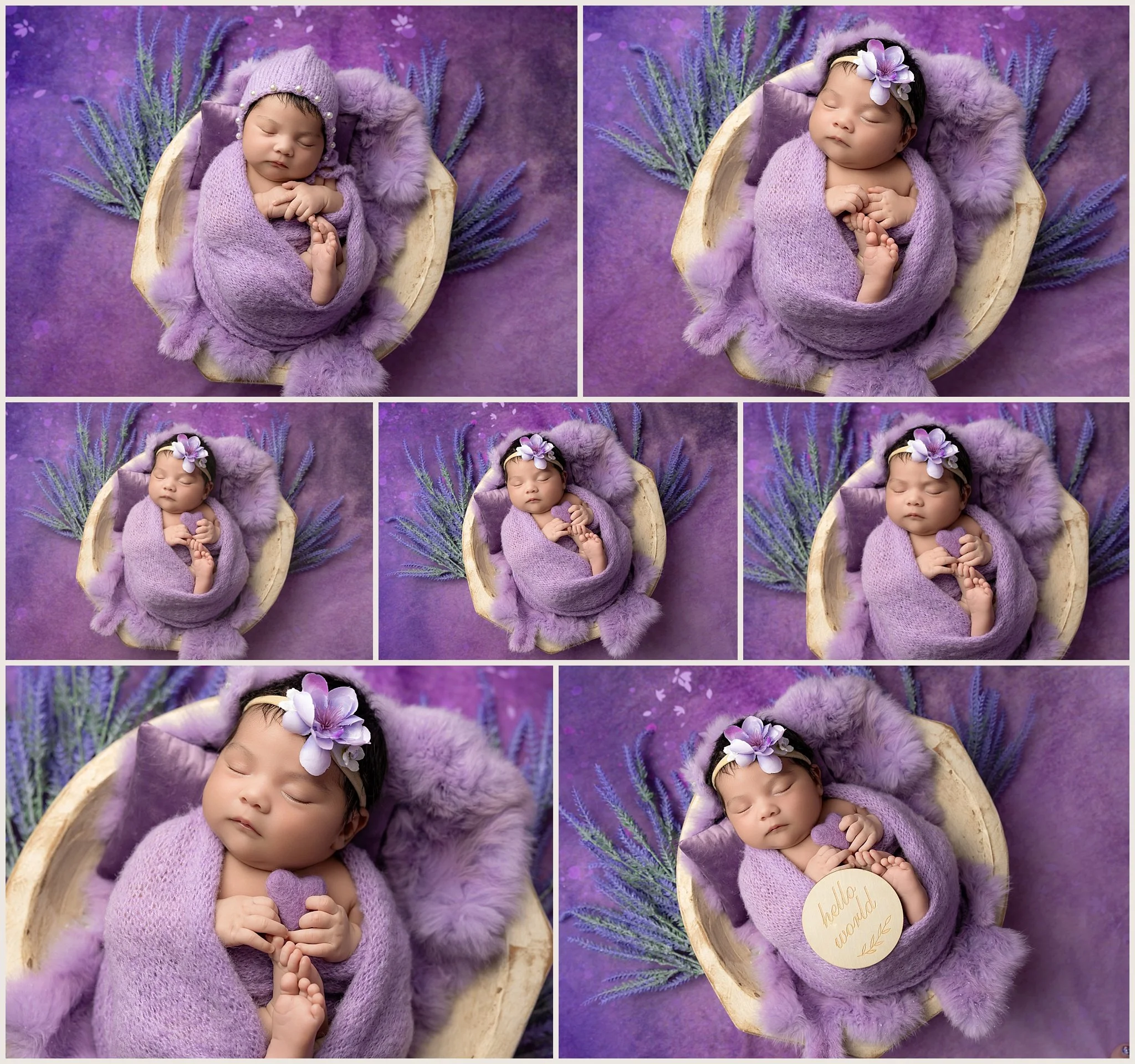 Hazel Love Chavez wrapped in lavender inside a rustic wooden bowl with purple fur and lavender flowers during her newborn photography session in Elk Grove.