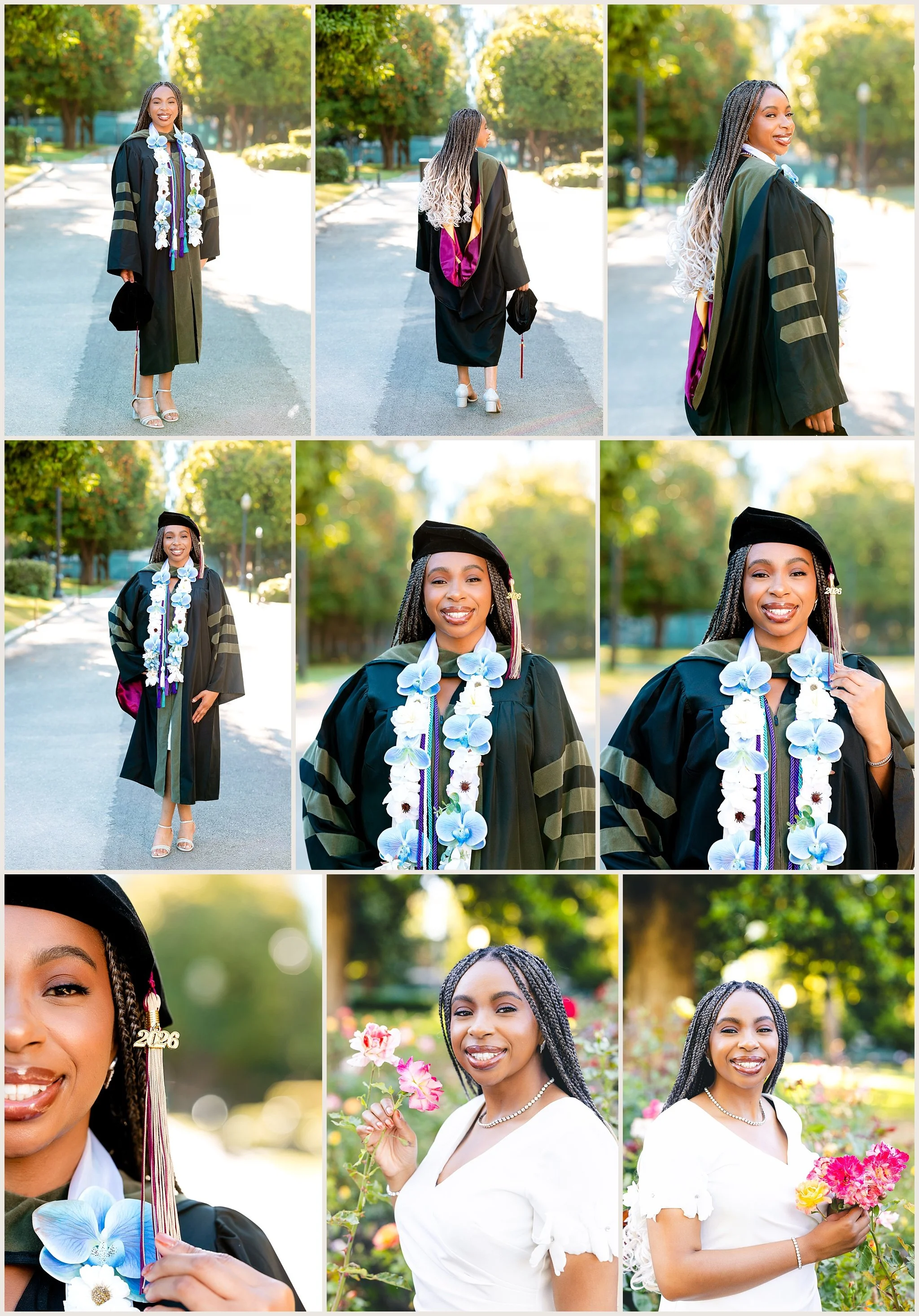 College graduation portraits of Ogechi Okorie wearing her doctoral graduation gown at Capitol Park near the California State Capitol in Sacramento.