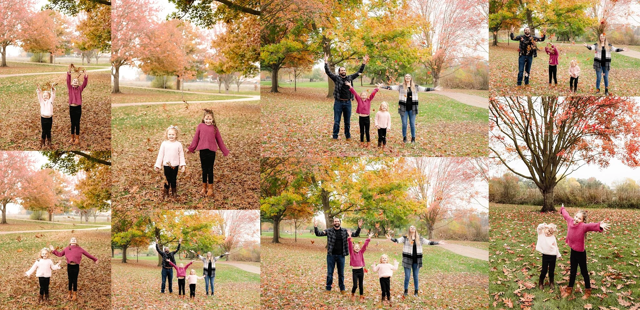 The Lewis family and their daughters throwing fall leaves into the air during a playful family photo session