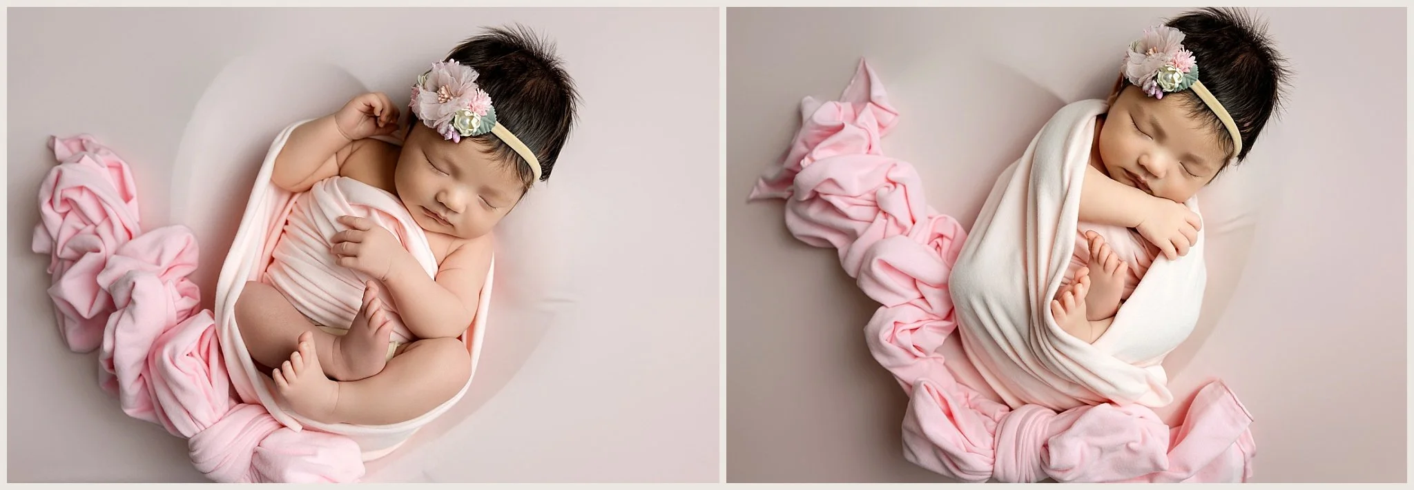 Sophie wrapped in pink, posed in a heart-shaped bowl during her newborn photography session in Elk Grove