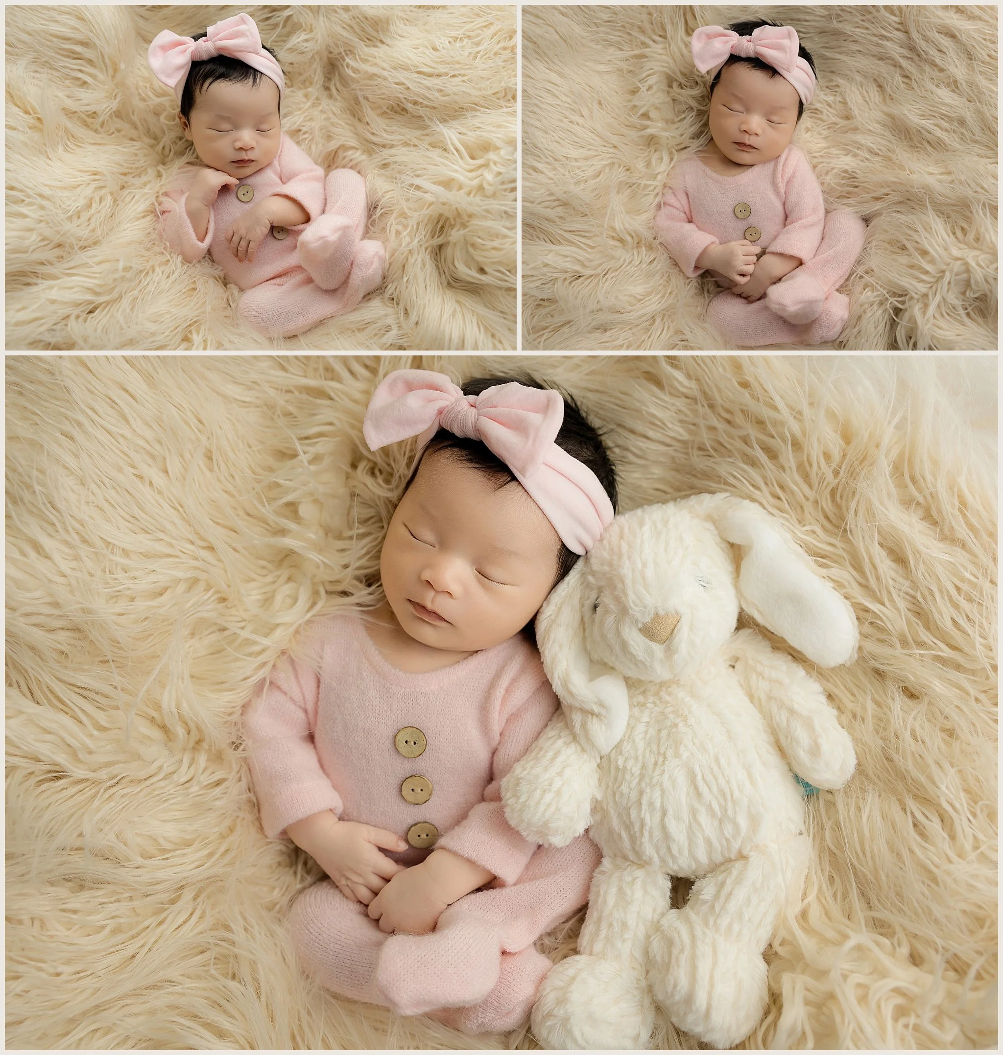 Raeliana wearing a pink newborn outfit and large bow while posed on cream fur beside an oversized white bunny.