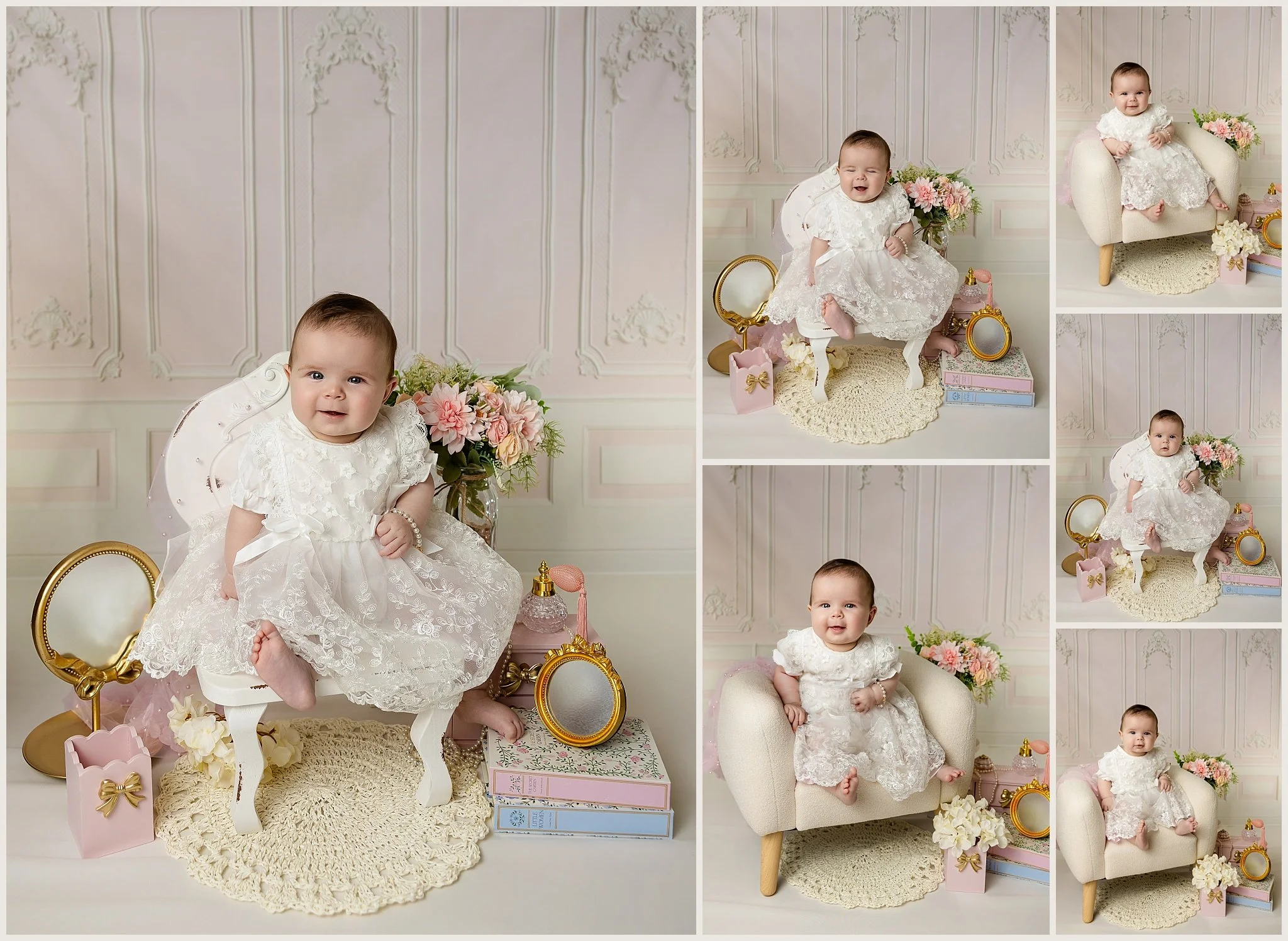 Kira Jane Marie Pearce wearing a white lace dress during her 6 month milestone session at Shawn Spencer Photography studio in Elk Grove, California