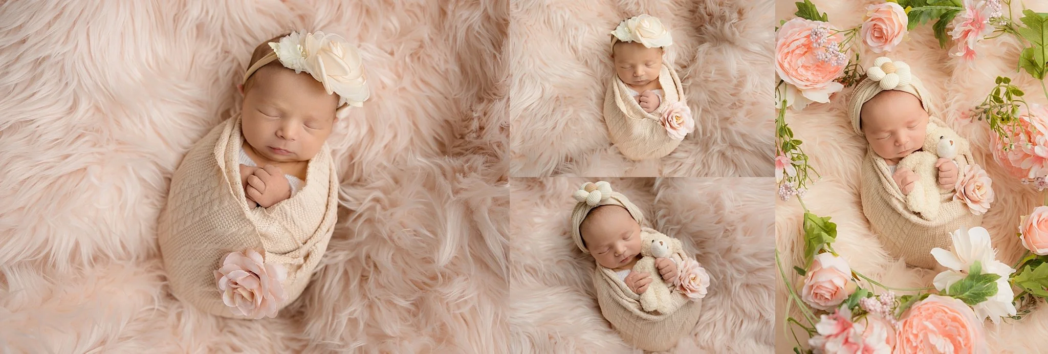Newborn baby girl styled in soft pink tones with delicate florals during an Elk Grove studio newborn session