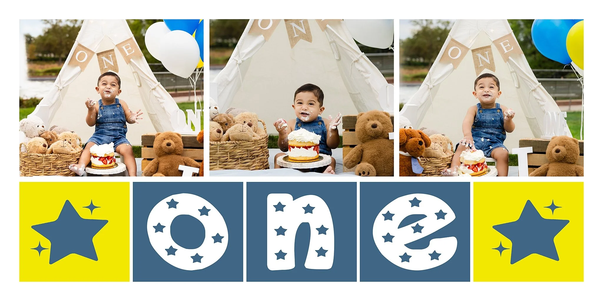 Storyboard of Ismail smiling and eating his strawberry cake during his first birthday Cake Smash Session with blue, yellow, and white balloons.