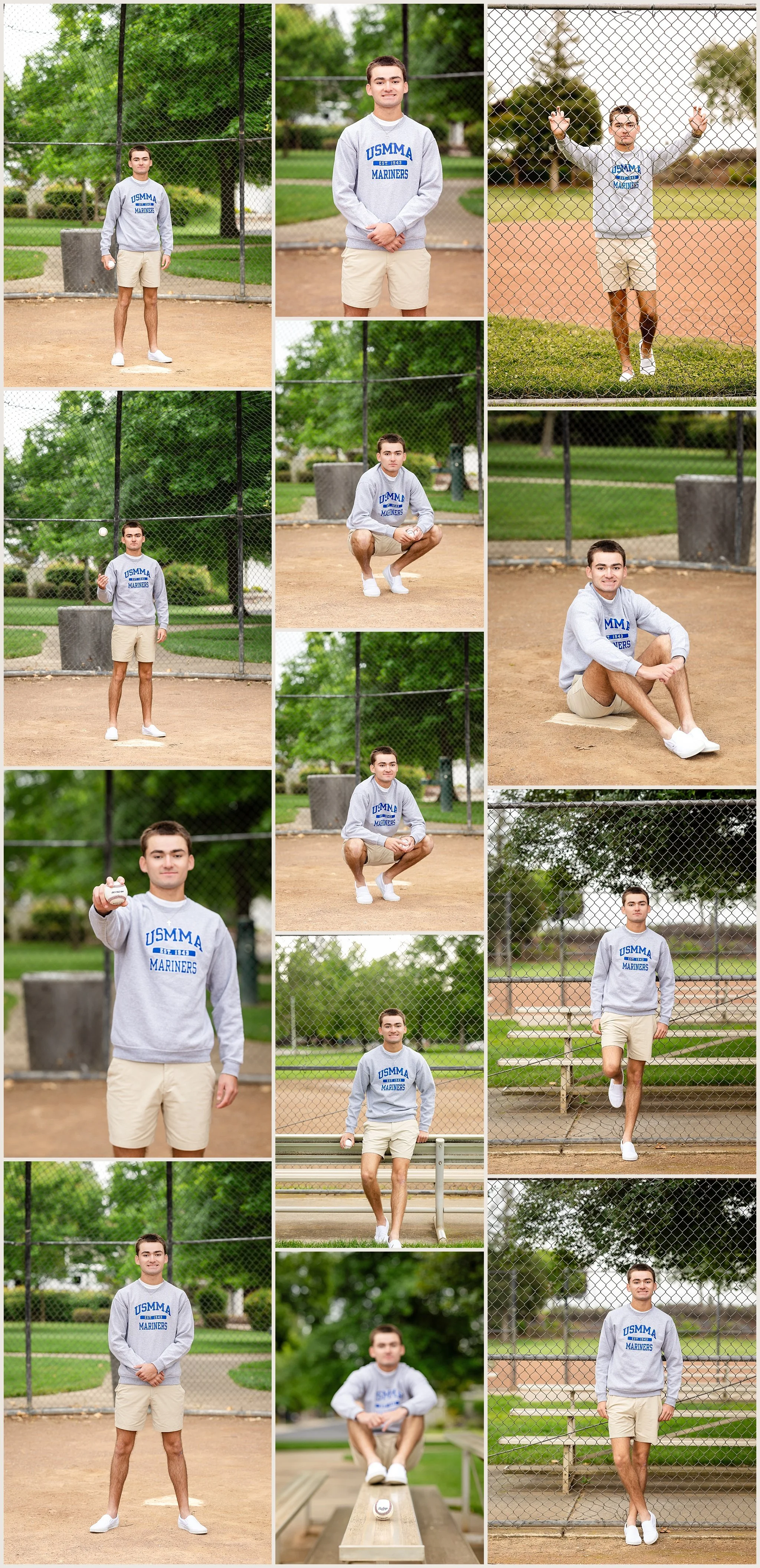 Senior baseball photos of Bradshaw Christian High School player wearing USMMA sweatshirt at baseball field