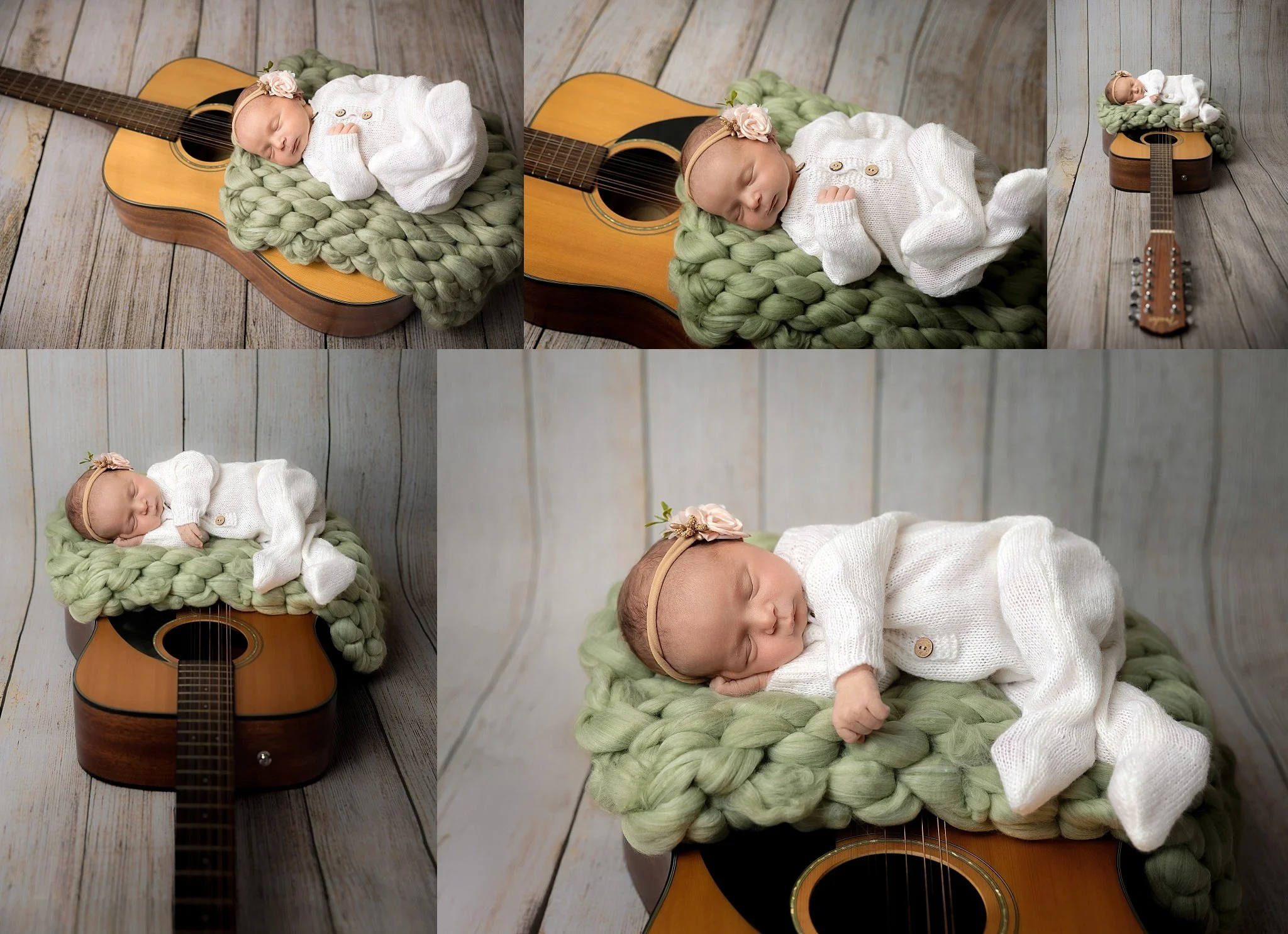 Newborn baby girl posed on her father’s acoustic guitar during a studio newborn session