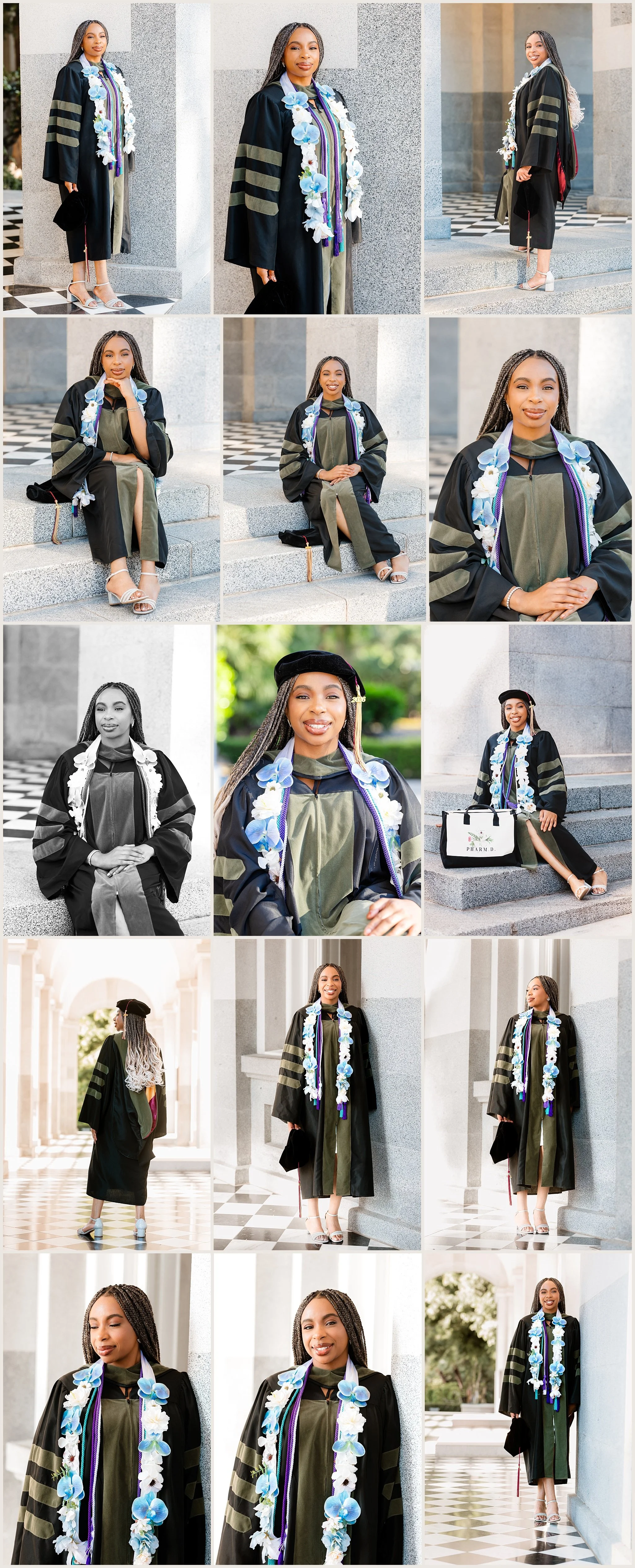 Doctor of Pharmacy graduation portraits of Ogechi Okorie at the California State Capitol featuring the Capitol steps, columns, and academic regalia.