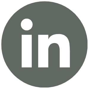 LinkedIn logo in a gray circle.