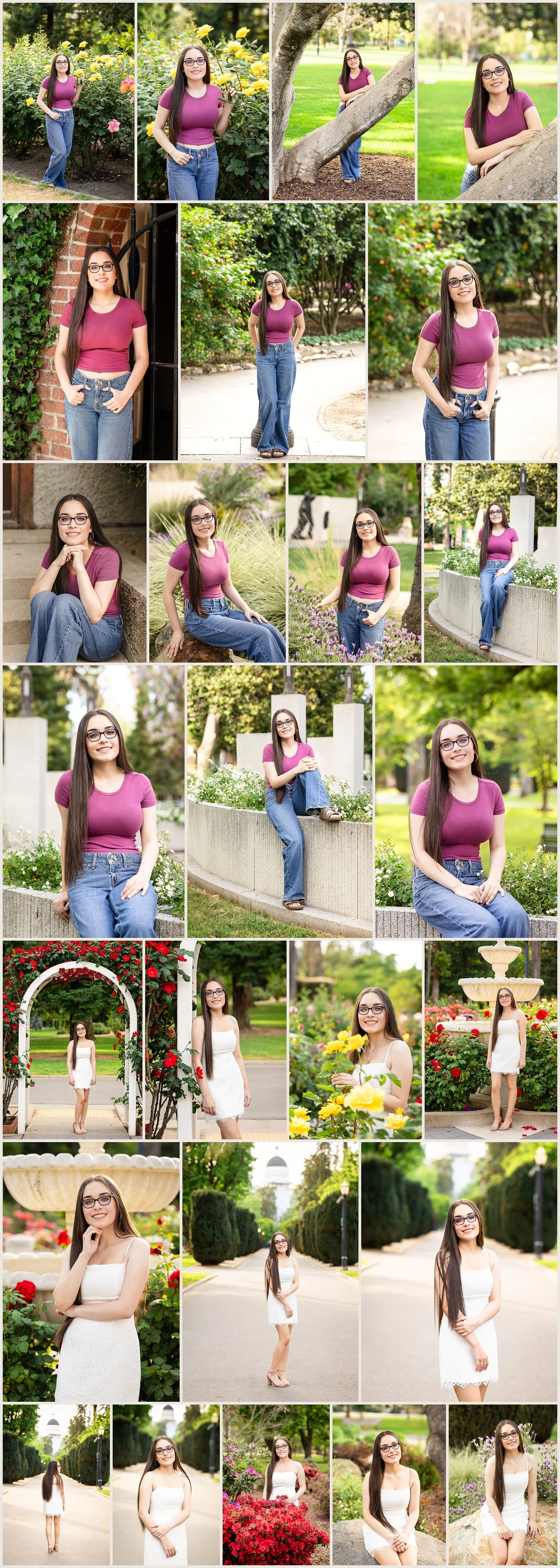 Laila Baseer senior photos at California State Capitol Park and World Peace Rose Garden in Sacramento with jeans outfit and floral sundress portraits
