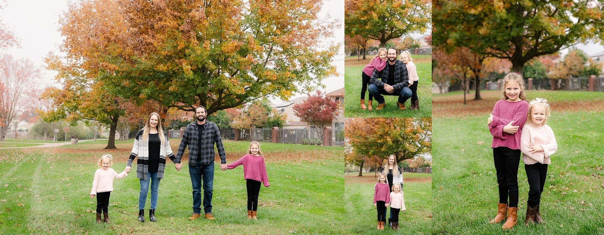 Fall family photos of the Lewis family with autumn trees, including moments with parents and the girls together