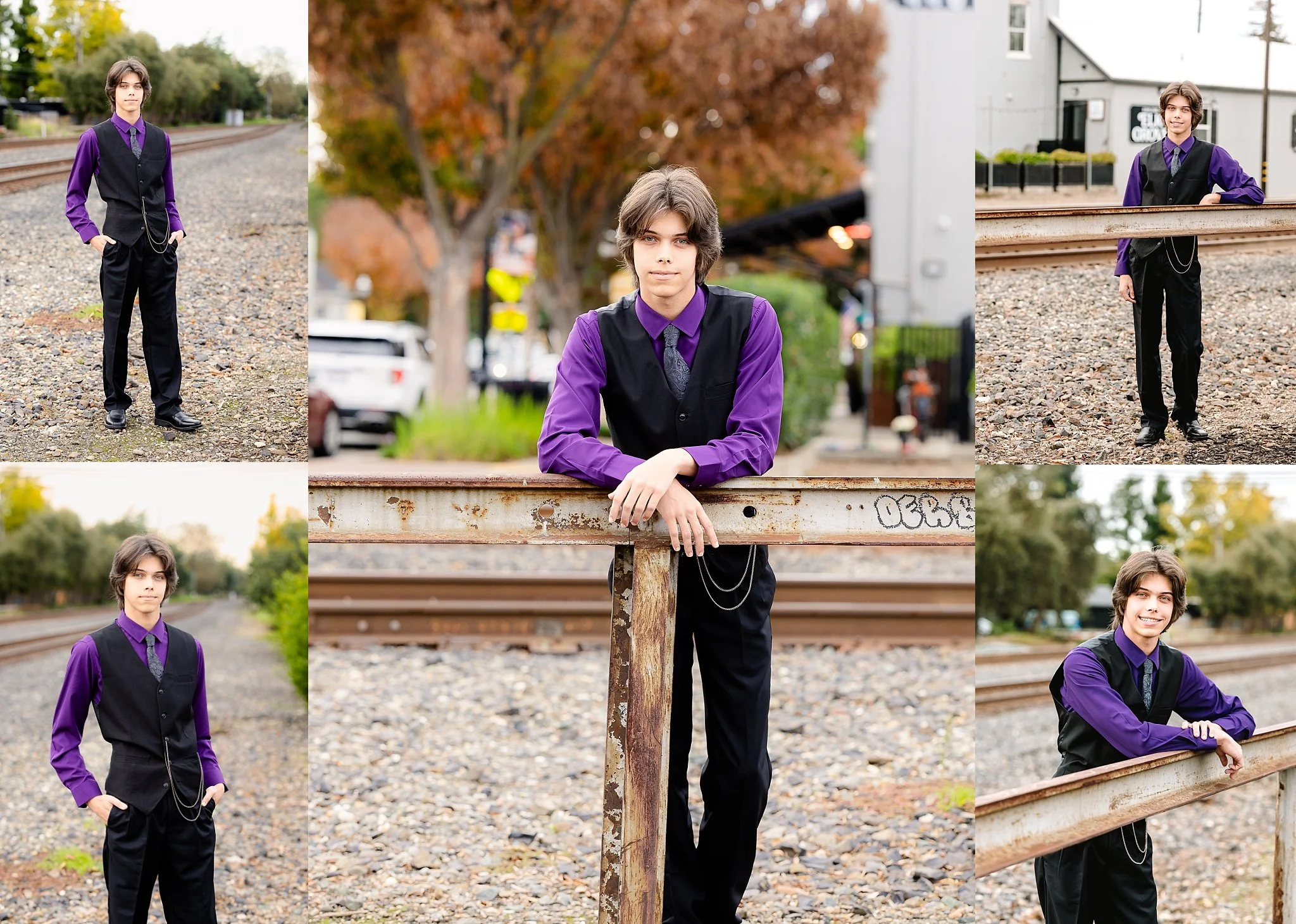 Senior portrait of Morgan Sherman Miller standing against a railroad crossing guard in Old Elk Grove, photographed safely away from the train tracks