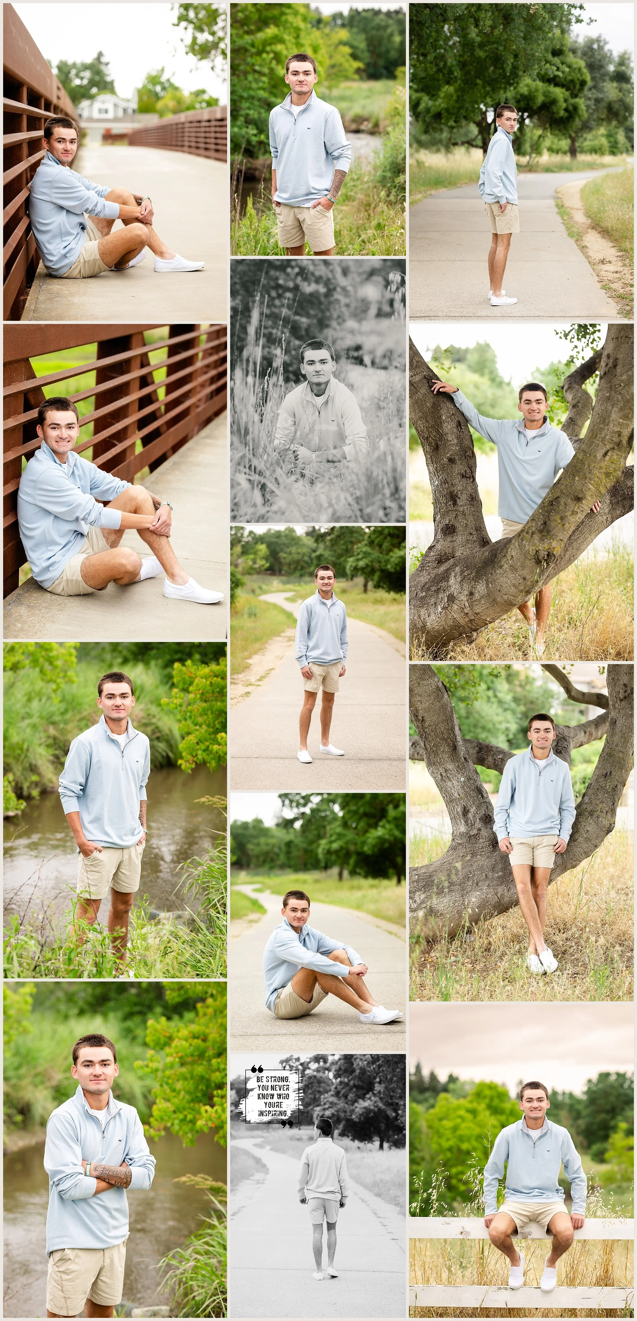 Senior photos of Max Wolf near bridge and walking path at Jack Hill Park Elk Grove