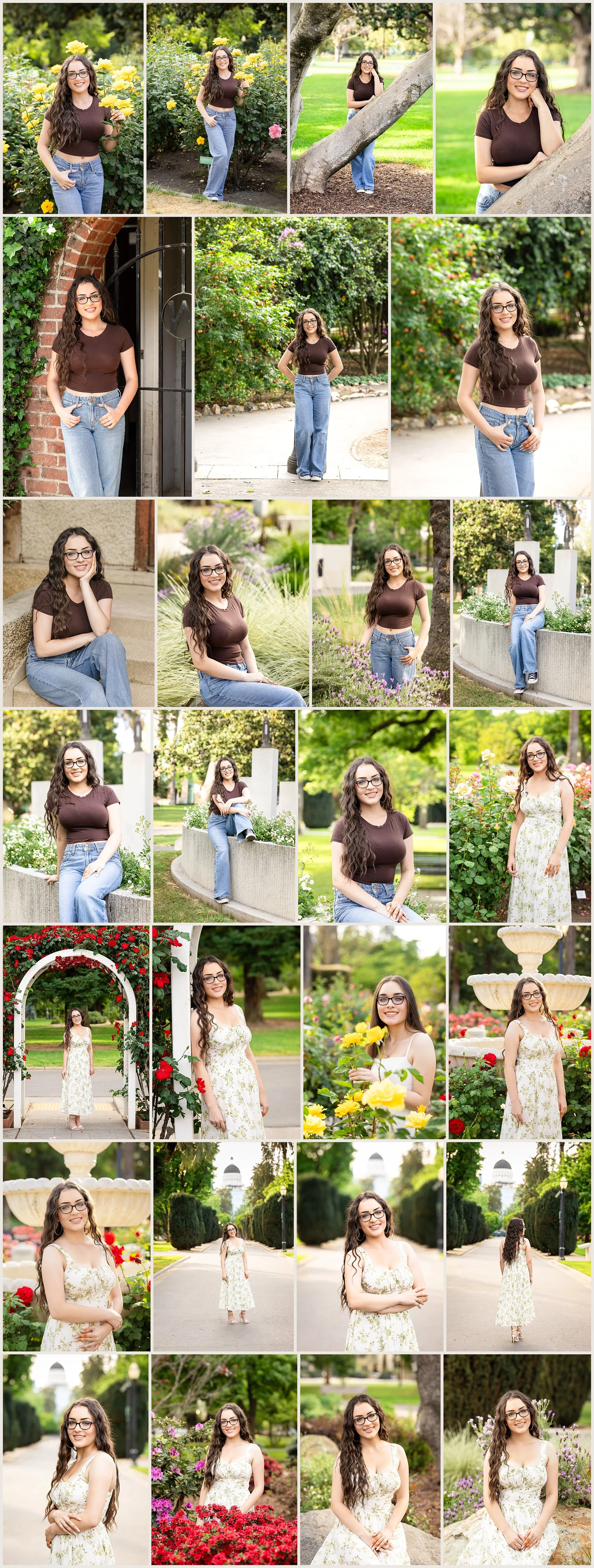 Sophia Baseer senior photos at California State Capitol Park and World Peace Rose Garden in Sacramento featuring casual outfit and white sundress portraits
