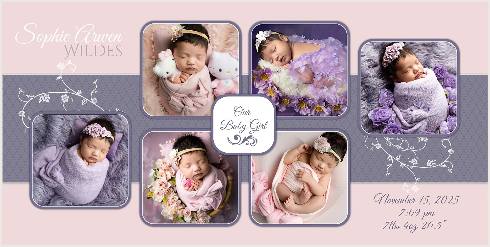 Collage of Sophie Arwen Wildes during her newborn session featuring pink and purple floral setups, holiday details, and family portraits in an Elk Grove newborn photography studio