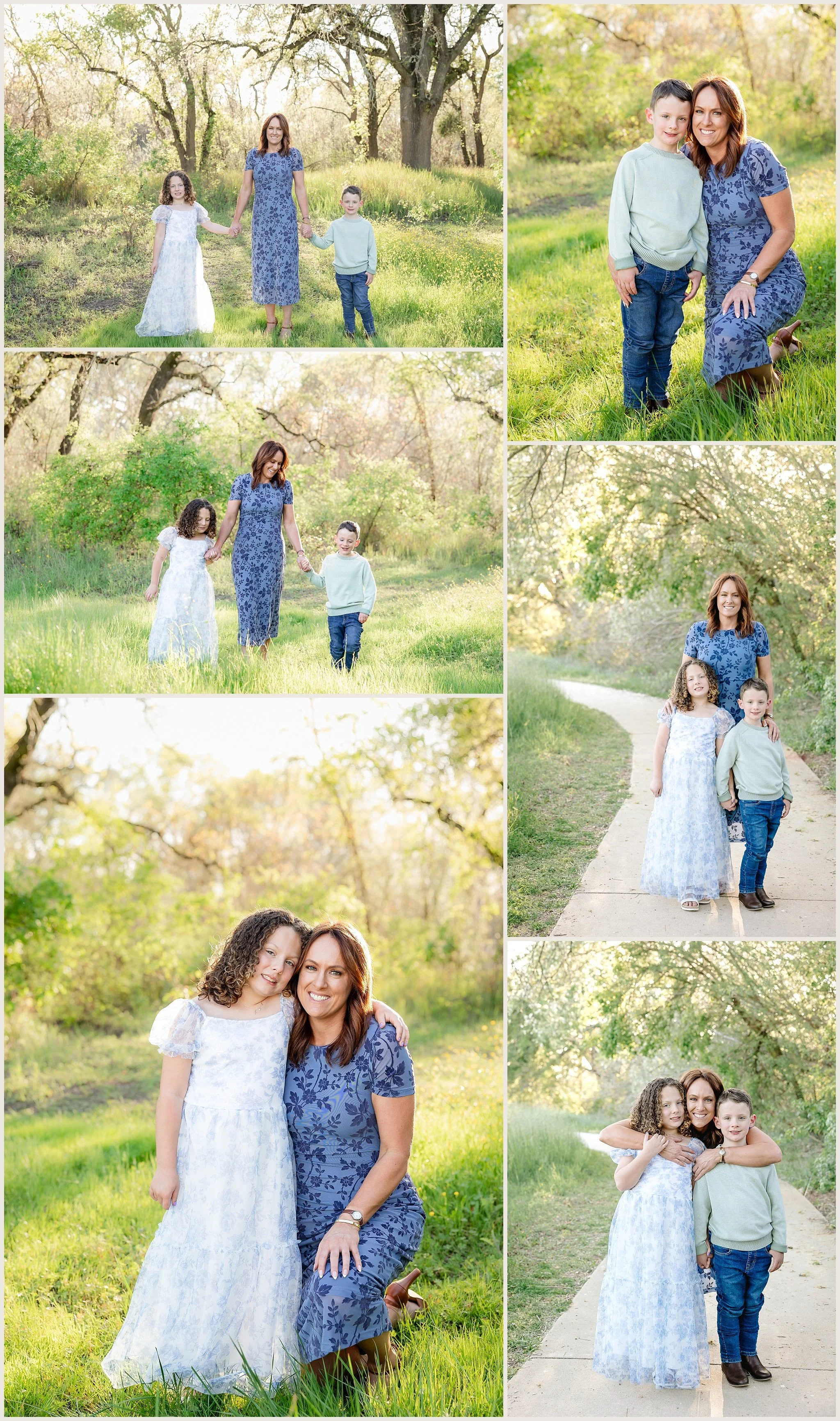 mom with daughter and mom with son portraits in soft outdoor light Cosumnes River Preserve