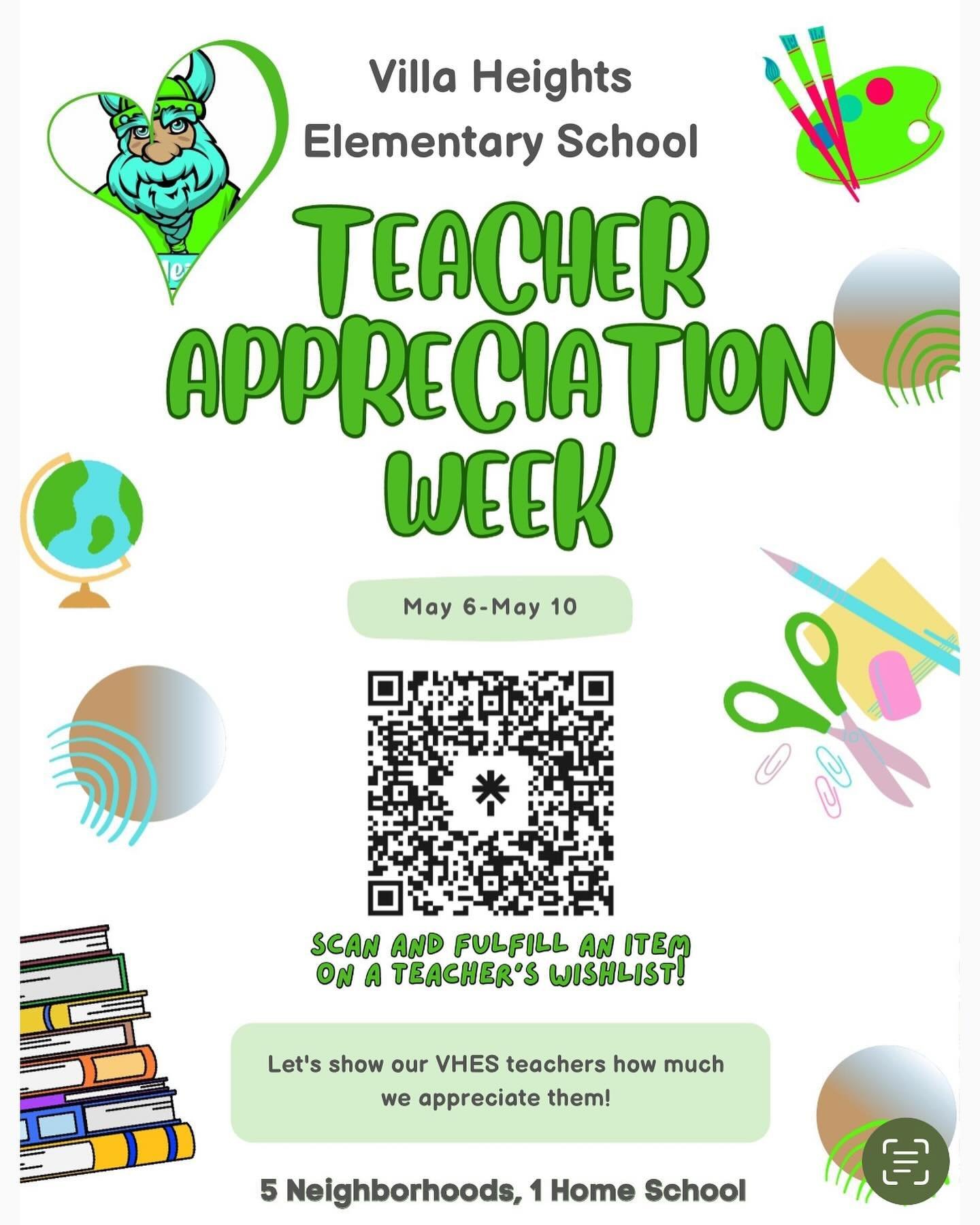 🍎 Teacher Appreciation! 🍎 

Let&rsquo;s make sure the teachers at @villaheightscms know how much they are appreciated. VHES is the home elementary school for Villa Heights, Noda, Plaza Hills, Optimist Park and Belmont.

This year the @villaheightsp