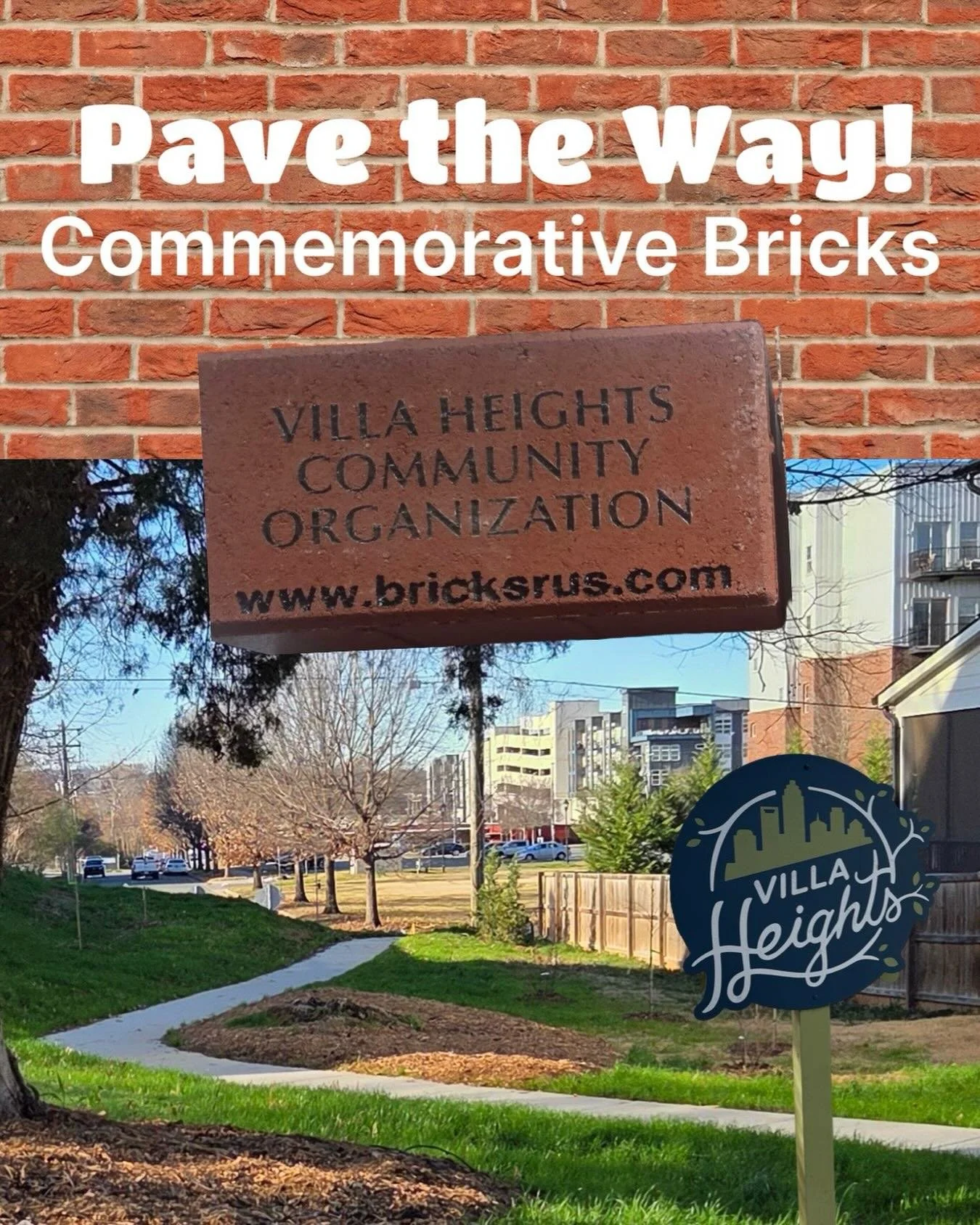 Help support the long-term care of our community pathway and be a cool part of Villa Heights history!

VHCO is selling commemorative bricks that will outline a portion of our Pinckney-27th Street Passage.  These funds will be used to help defray cost