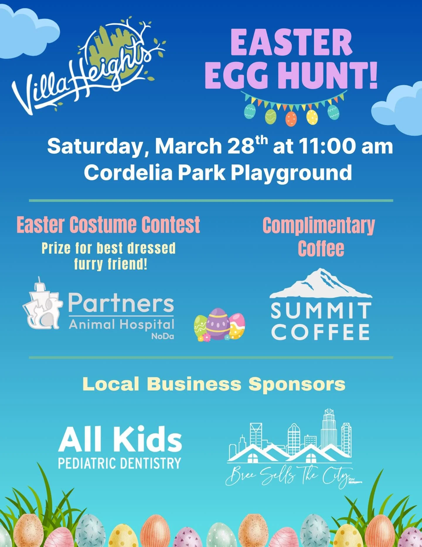 🐣 Easter Egg Hunt!! 🐰 

The Villa Heights Annual Easter Egg hunt is upon us!  Please join us on Saturday, March 28 @ 11am in Cordelia Park for all the fun and festivities. 

In addition to the egg hunt, come dressed to impress Peter Cottontail!  Th