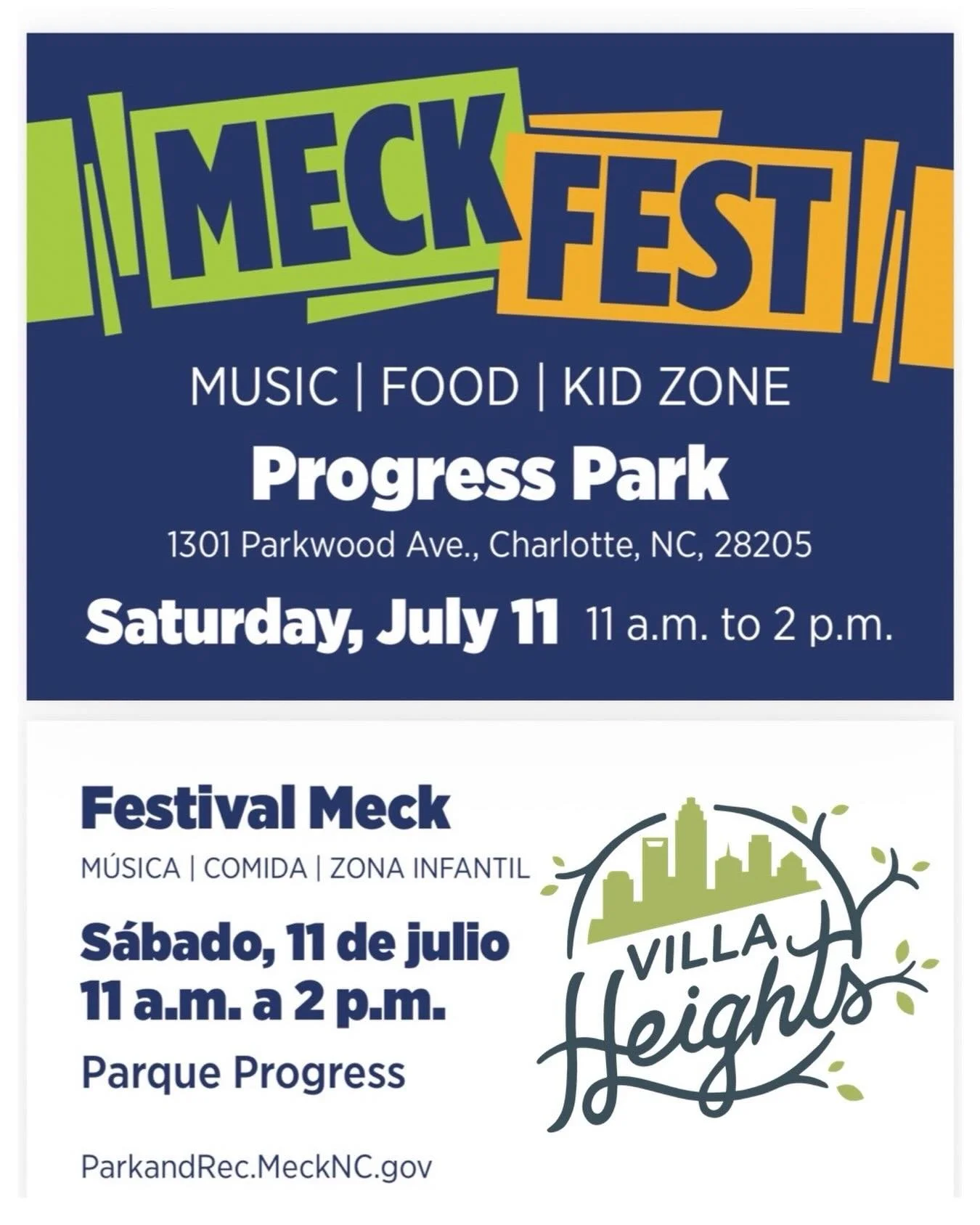 Mark your calendars 🗓️ July 11

Meck Fest at Progress Park &mdash; Mecklenburg Park and Recreation in collaboration with Villa Heights.  Music, food, and Kid Zone! 

Bring the whole family!