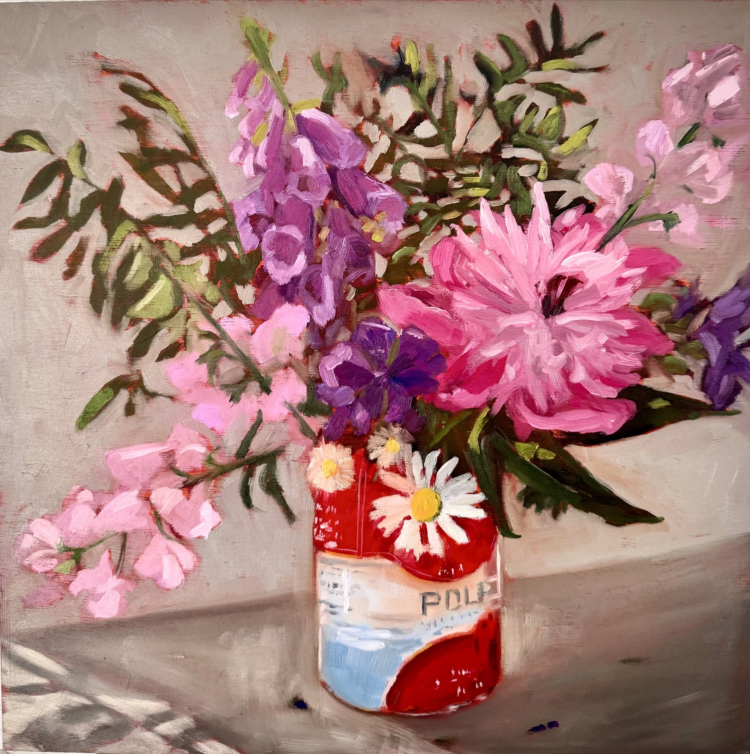 Garden Flowers in a Tomato Tin, oil on board, 20x20cm