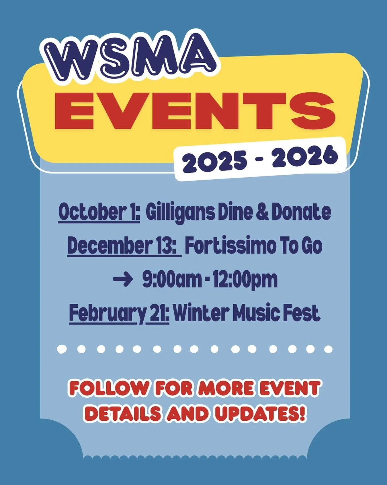 Save the date to come out and support WSMA and Wyoming&rsquo;s talented student musicians!
More details will be shared leading up to events!