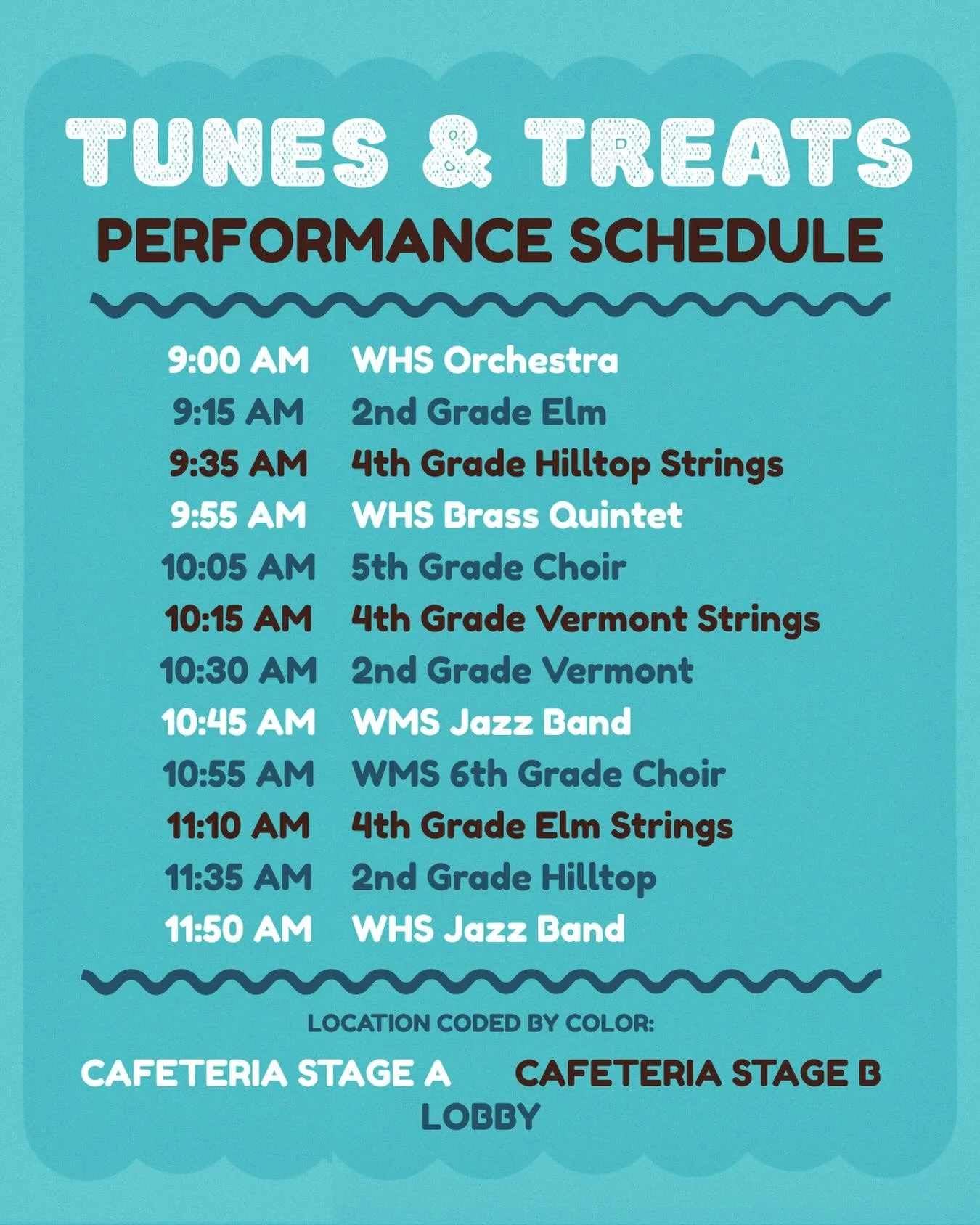 The official Tunes &amp; Treats performance schedule is here! Mark your calendars to come listen to our talented students on Saturday, December 13th! 
If you are interested in volunteering please consider signing up using the links pinned in our stor