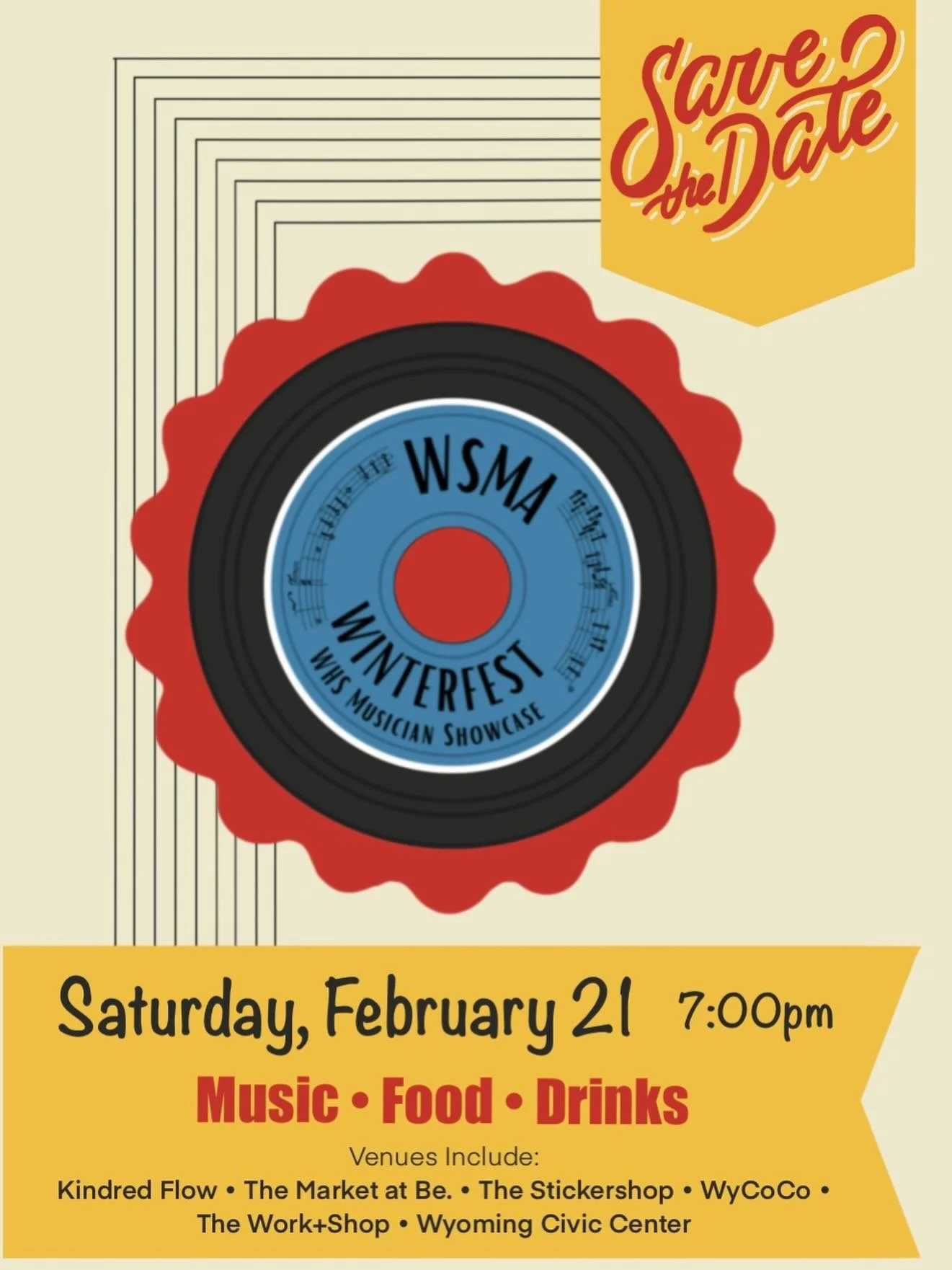 Save the date! Winter Music Festival will be Saturday, February 21st, from 7-10pm.
This event features Wyoming High School musicians performing in large &amp; small group ensembles around local Wyoming businesses. 
Ticket information and more details