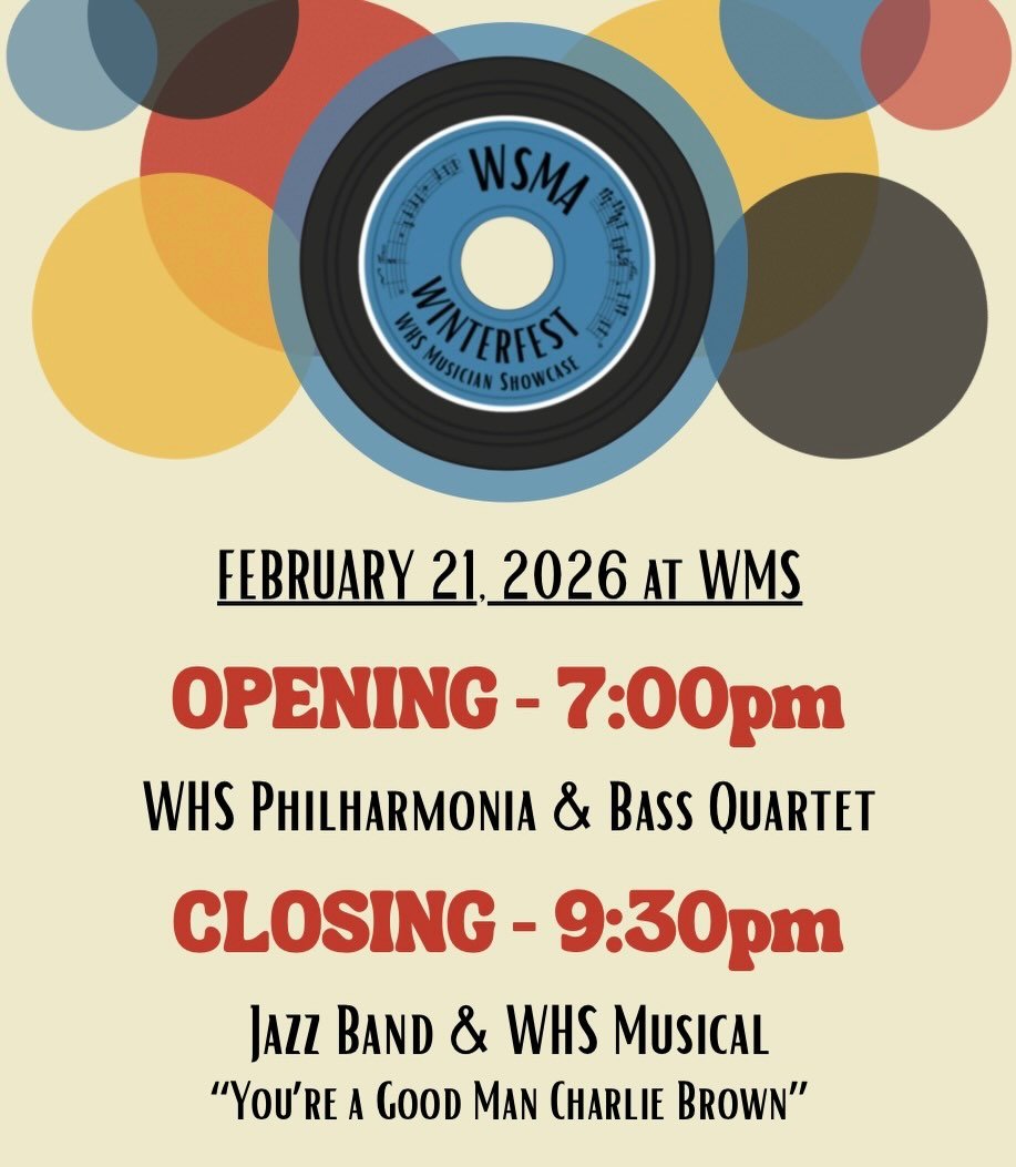 Winter Music Fest is this Saturday! 🎶
The night will kick off at WMS with two large groups and an overview of the evening. Scroll to get a sneak peak of the musical themes you&rsquo;ll find at each location you visit before returning to WMS for a fi