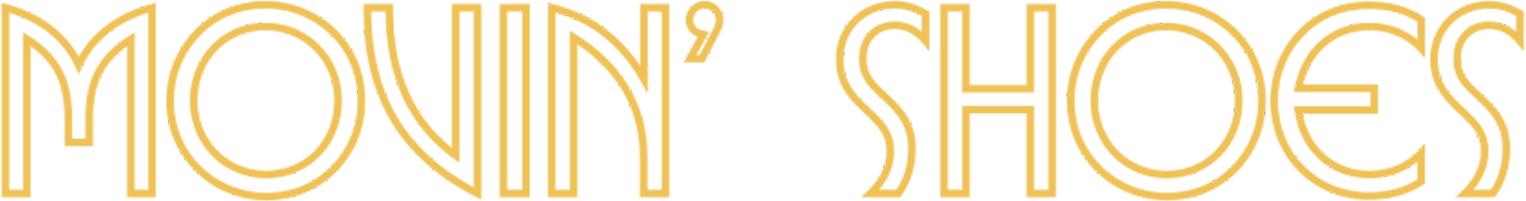 Close-up of a retro-style sign with the text 'MOUNTY' in gold letterings with black outlines and 'SHOES' in gold outline letters on a black background.