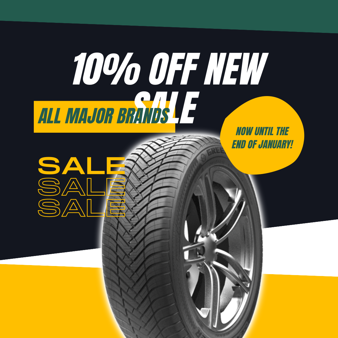 A promotional graphic featuring a car tire and wheel with bold text advertising a 10% discount on new sales from all major brands, valid until the end of December, with colorful design elements.