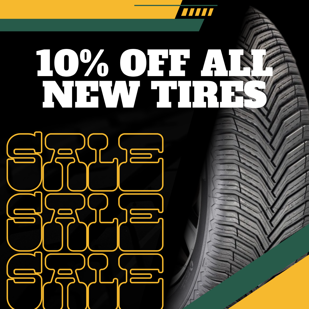 A promotional graphic featuring a car tire and wheel with bold text advertising a 10% discount on new sales from all major brands, valid until the end of December, with colorful design elements.