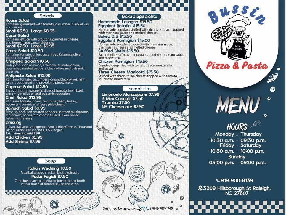 Menu for 2022

#bussinpizza #pizza #shoplocal #raleighnc #hillsboroughstreet #pizzalover #bestpepperonipizza #italianfood #italiankitchen #bruschetta #raleigh #cityofoakwood