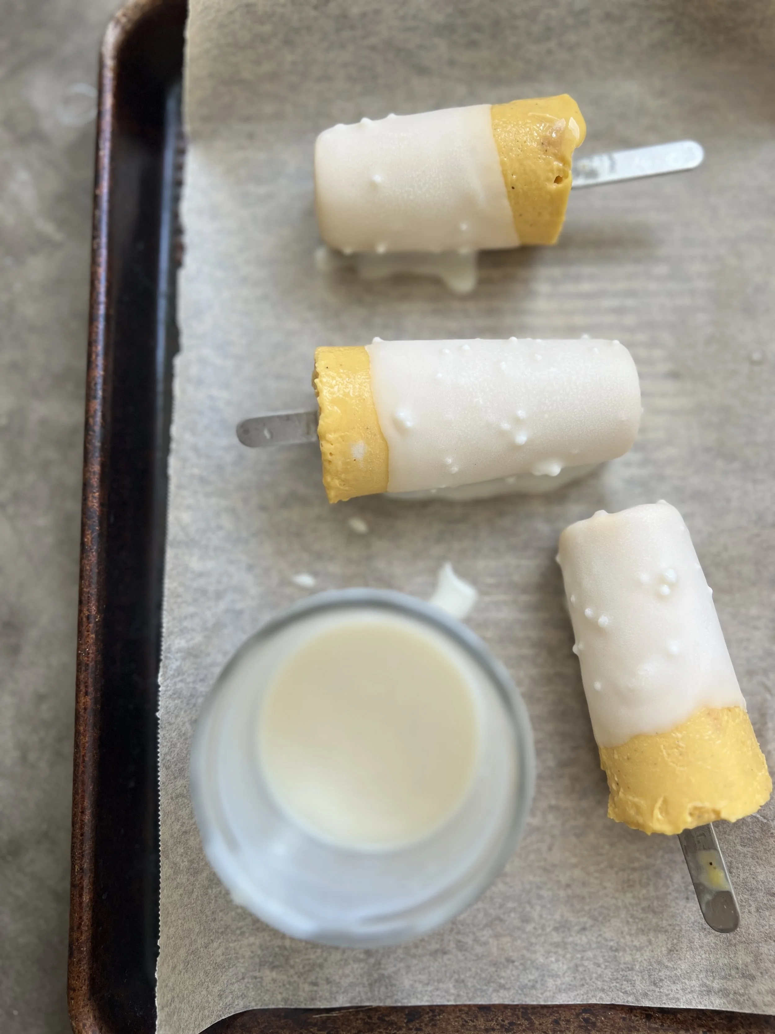 Mango Sticky Rice Popsicles with Crunchy Coconut Shell