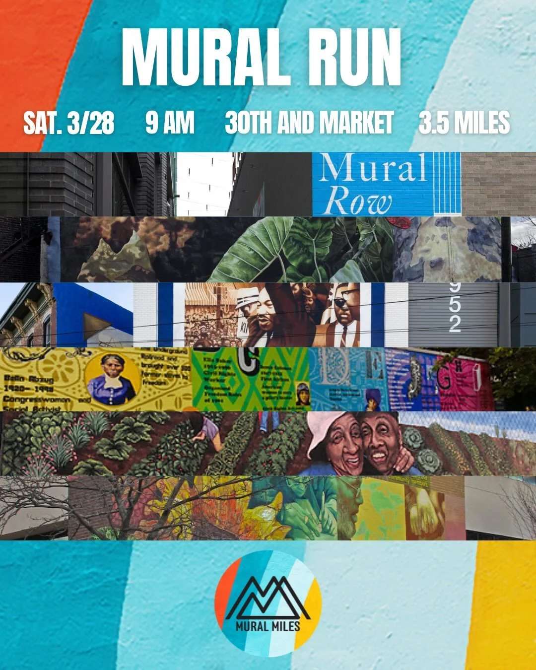 Join us on 3/28 at 9am for a run to 6 murals in West Philly, starting and stopping at Drexel Square Park (30th and Market)! As always, party pace, all are welcome, no need to sign up, just show up!