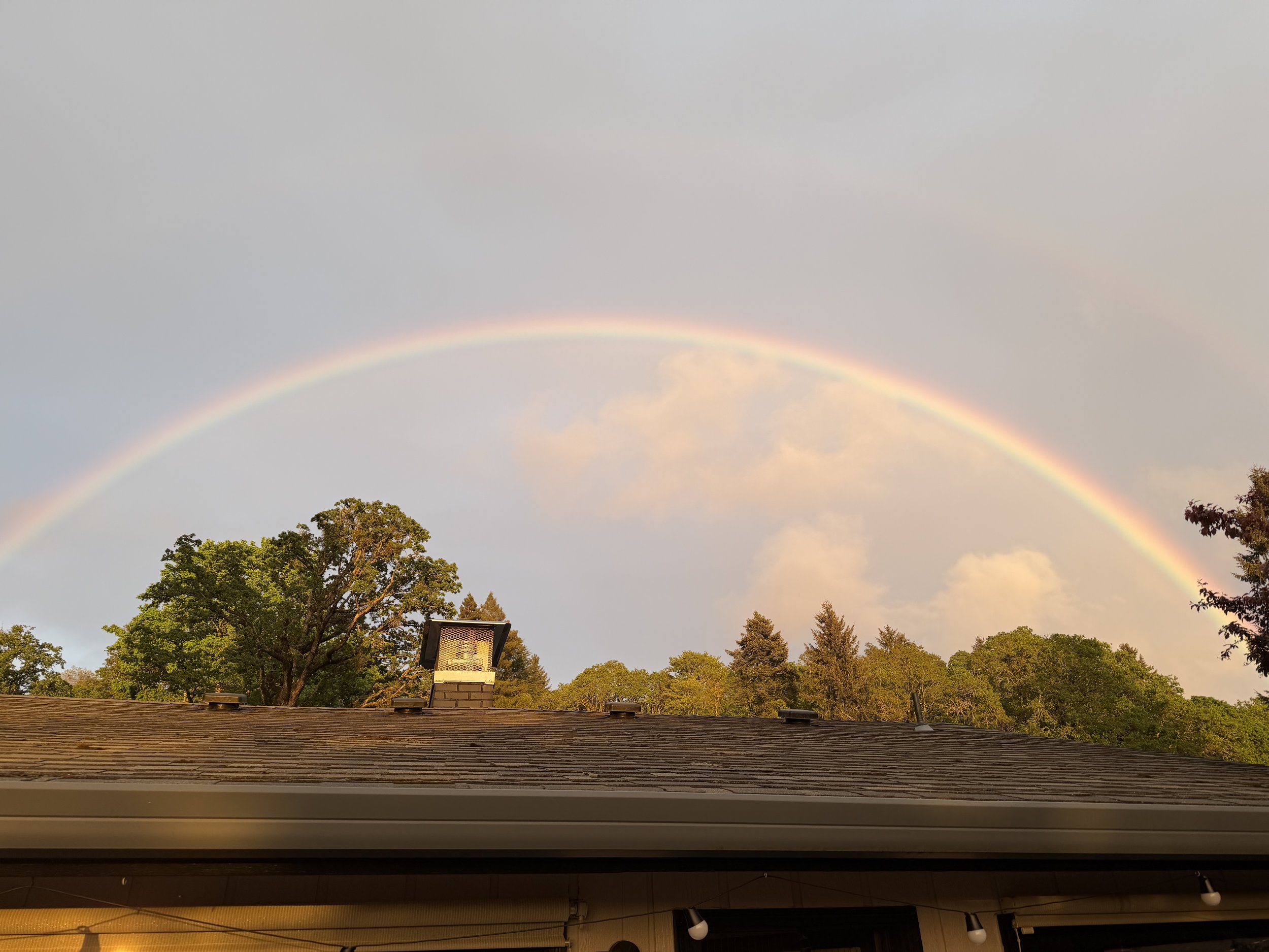 bright full rainbow above a roofline and treetops