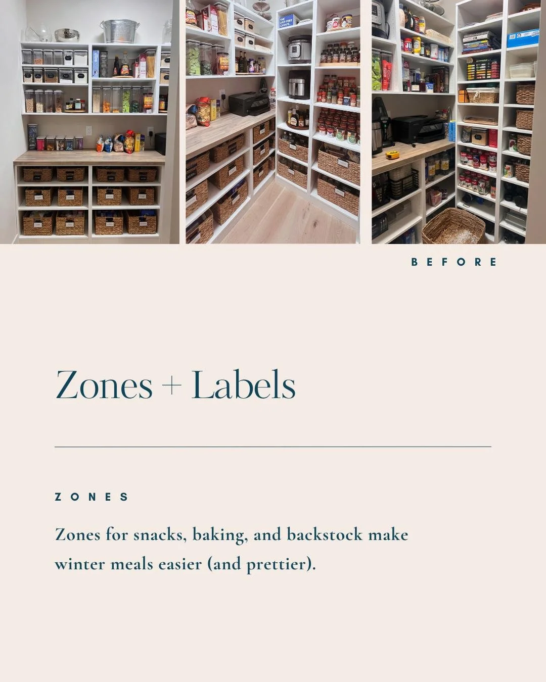 Elevated pantry flow &mdash; Salem OR. Zones for snacks, baking, and backstock make winter meals easier (and prettier). Tailored Organizing offers premium organizing support across the Willamette Valley.