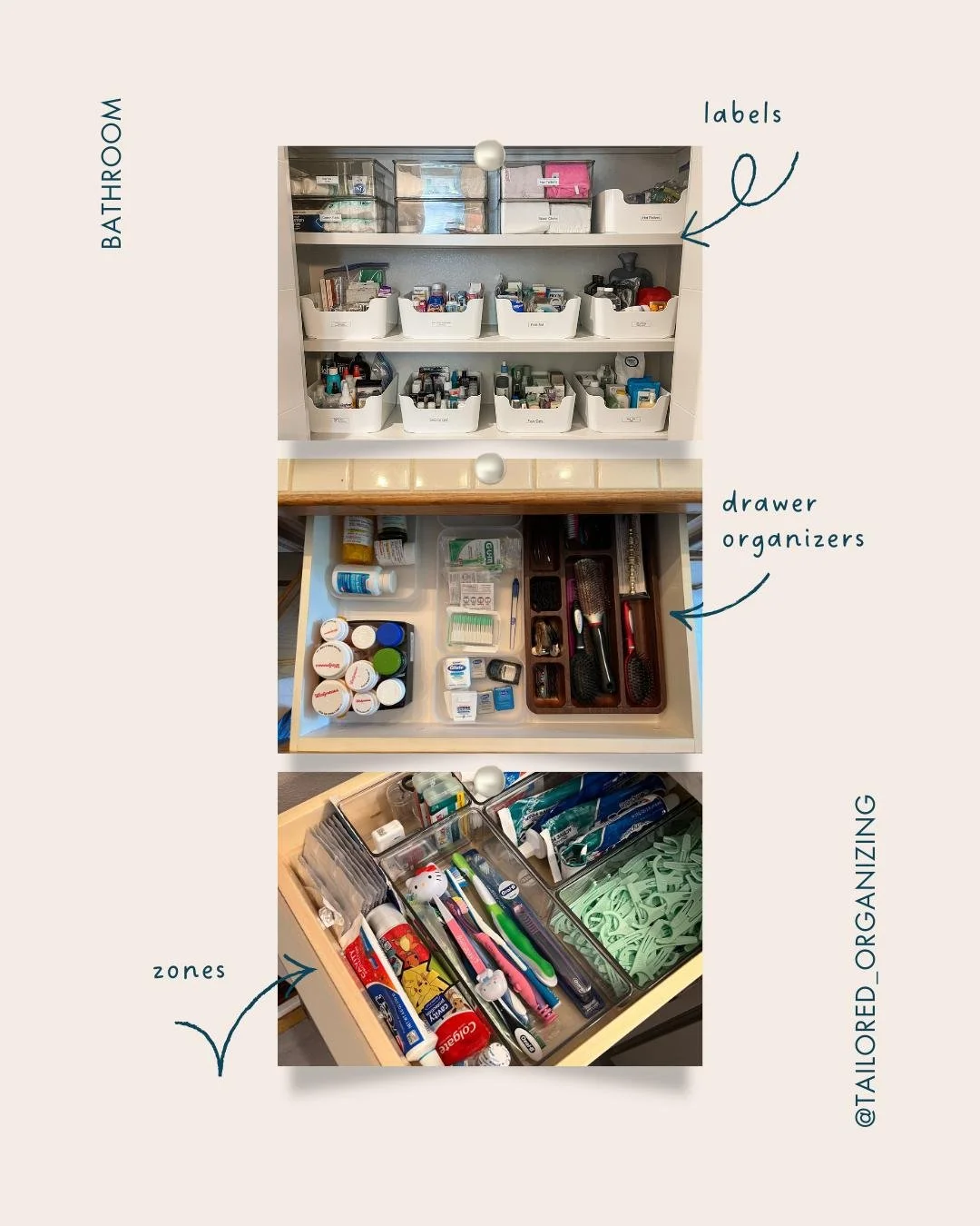 Bathroom cabinet refresh &mdash; Salem OR. Create zones by routine (morning, hair, skincare) so everything is easy to find. Tailored Organizing serves Salem and the Willamette Valley.

#straightenitup #tailoredorganizing #wegotyou #salemoregonprofess