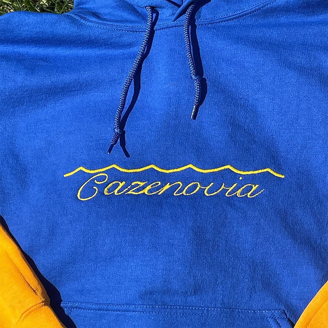 Those of you at the final Cazenovia College fashion show may recognize this piece from the runway! To commemorate my undergrad&rsquo;s closing I&rsquo;m releasing these color blocked embroidered hoodies in the iconic blue and gold 🔵🟡 
&bull;
&bull;