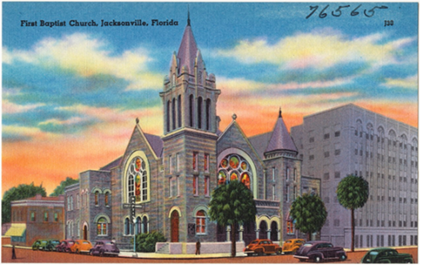 Illustration of First Baptist Church in Jacksonville, Florida, featuring a large brick church building with stained glass windows, a tall steeple, and surrounded by trees, with cars parked in front and a modern building nearby under a colorful sky.