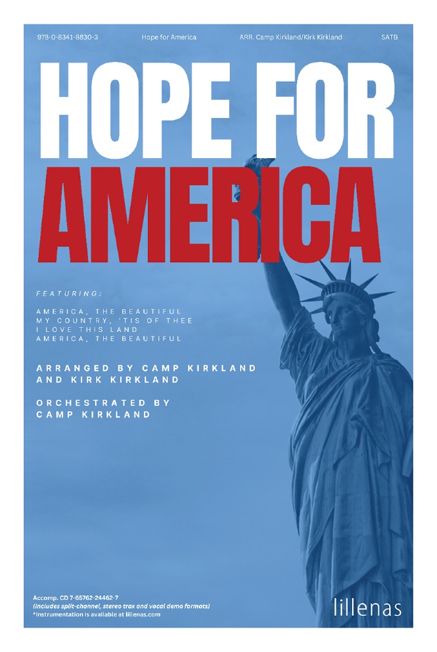 Cover of a music sheet titled 'Hope for America' featuring the Statue of Liberty in the background with a blue sky. The title is in large white and red text, with additional details about the arrangement and performers.