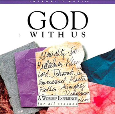 Cover of a religious booklet titled 'GOD WITH US', featuring handwritten notes and colorful fabric pieces.