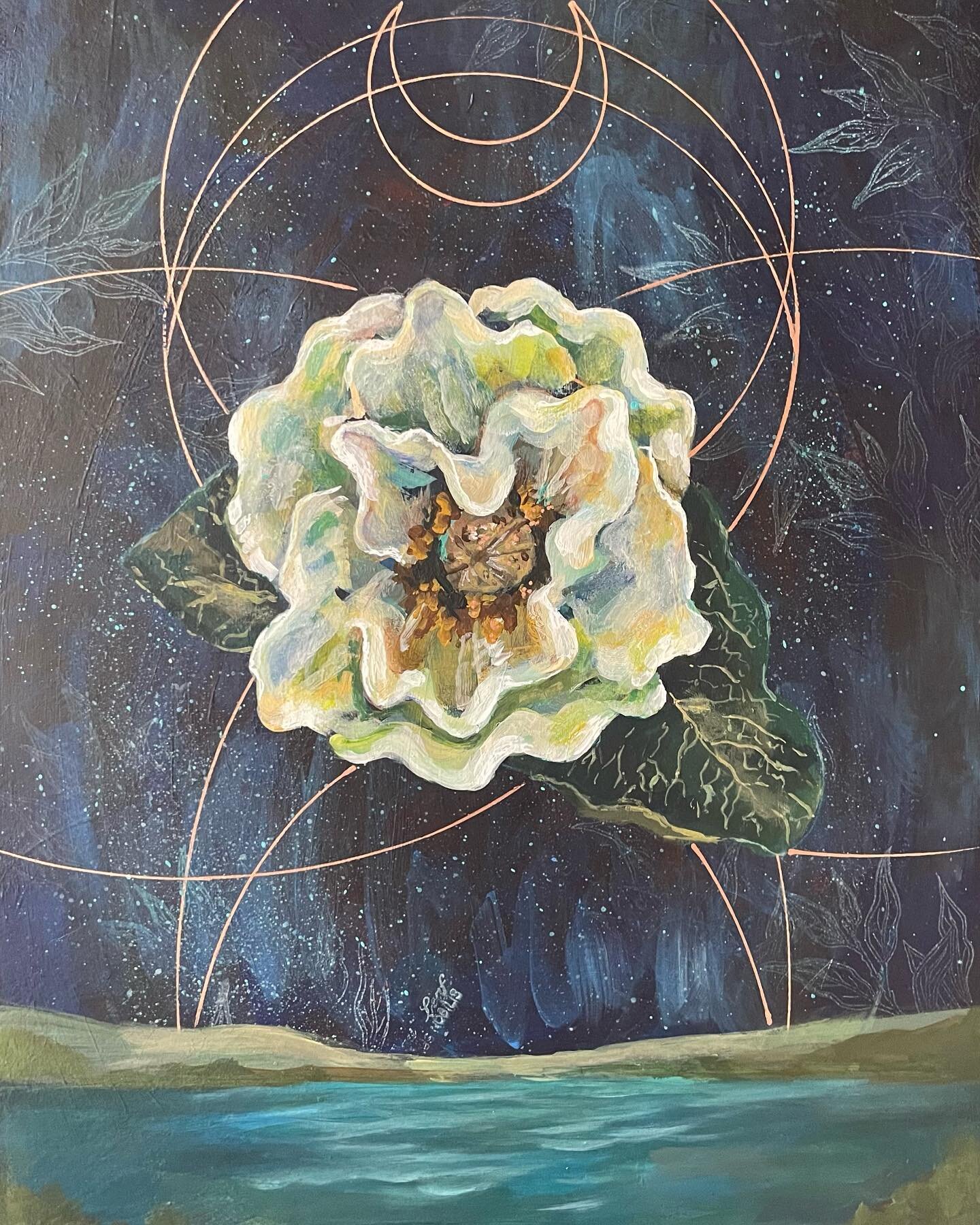 On this day, as the Moon in Aquarius comes to oppose the Sun in Leo, and conjunct school-of-hard-knocks Saturn, all of it squaring Mars in his frustrated journey through Taurus, I offer the painting of a single white flower rising above a watery nigh