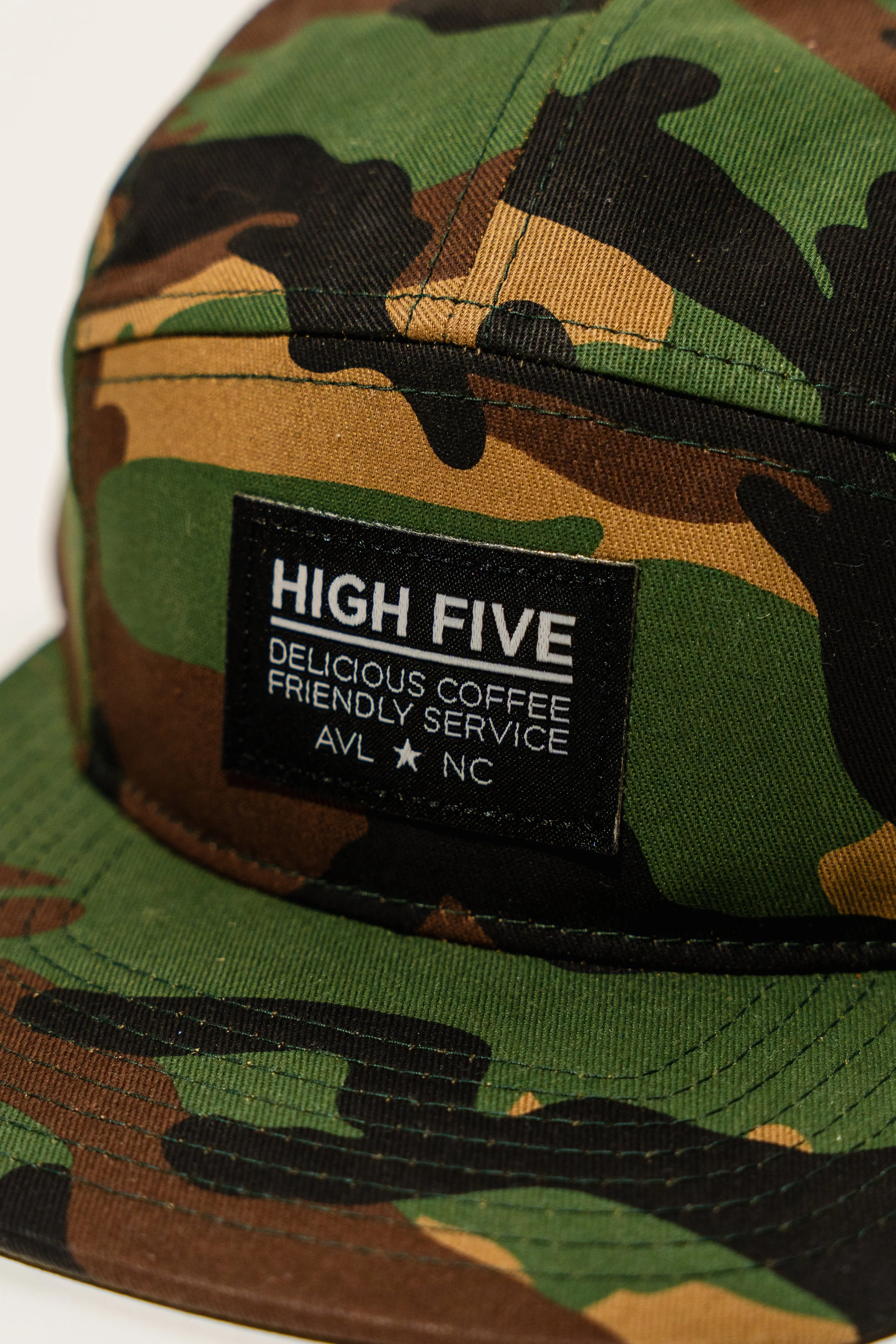 High Five Coffee Camo Hat Close Up 